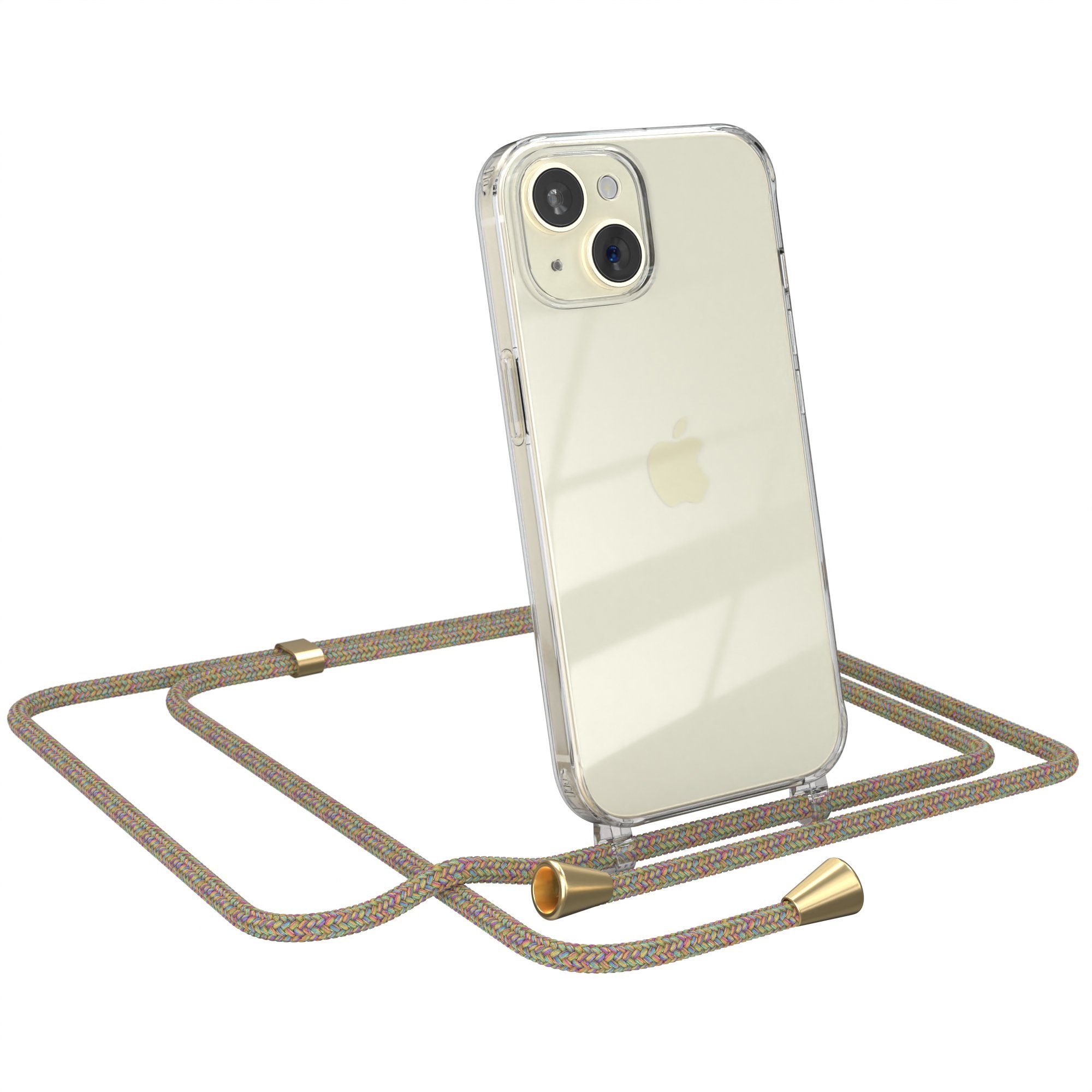 EAZY CASE Handykette mit-/ ohne Magsafe Hülle für iPhone 15 6,1 Zoll, Ketten Hülle Schultergurt Schutz Hülle Tasche mit Band Bunt Clip Gold