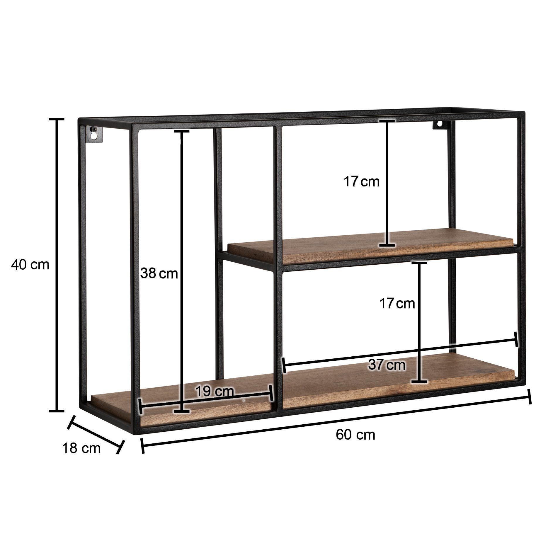 FINEBUY Wandregal FB92217 Hängeregal Holz Metall 60x40x18 cm Regal Rechteckig Massiv, Schweberegal Rechteckig, Regal Hängend Industrial, 60x40x18 cm Mango Massivholz / Metall Hängeregal