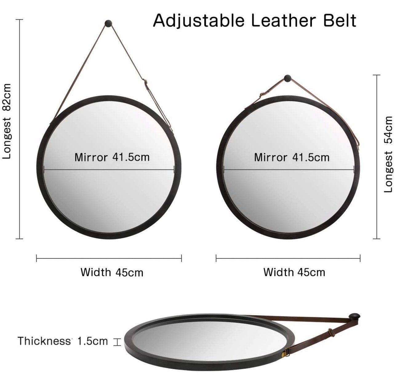 little dove Badspiegel Wandspiegel Rund Badspiegel mit Verstellbarer Lederband (45 cm) – Bild 4 von 4