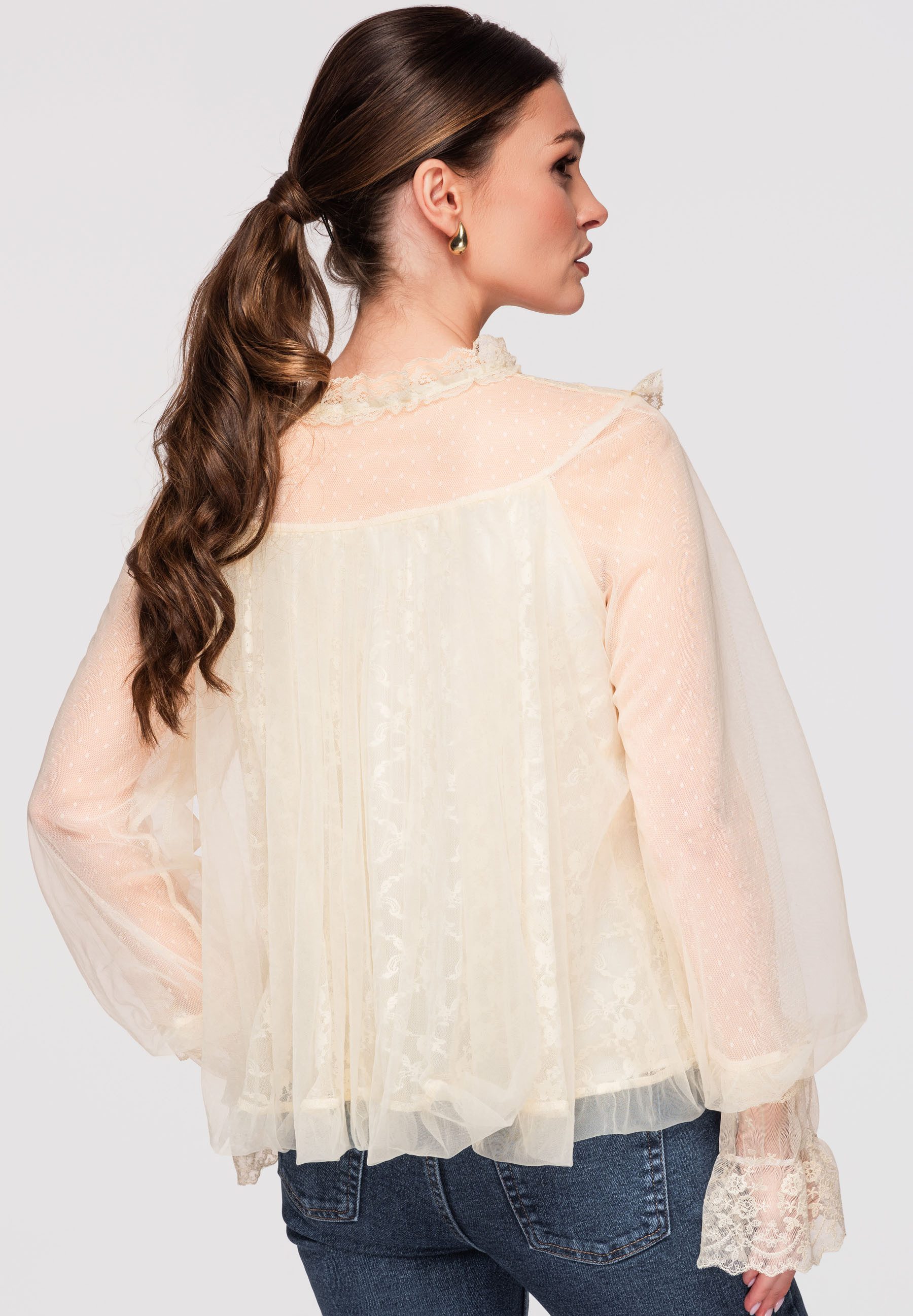 OMBRE Hemdbluse Damen Tüllbluse mit Spitze Elegant Vintage Beige ONESIZE (kein Set, 1-tlg) Inklusive abnehmbarem Gürtel, Koronkowymi-Einsätze