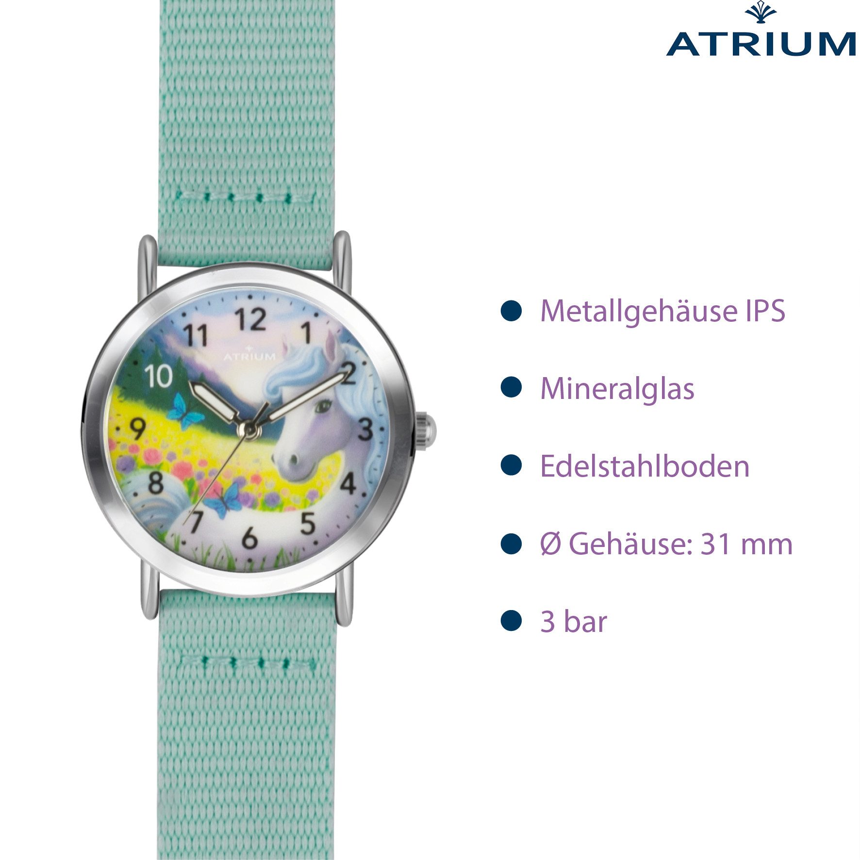 Atrium Quarzuhr A44-13 Siabelle Kinder Armbanduhr Pferd Einhorn mint, analog deutlich Uhrzeit lernen Geschenkidee Einschulung Ø 30mm