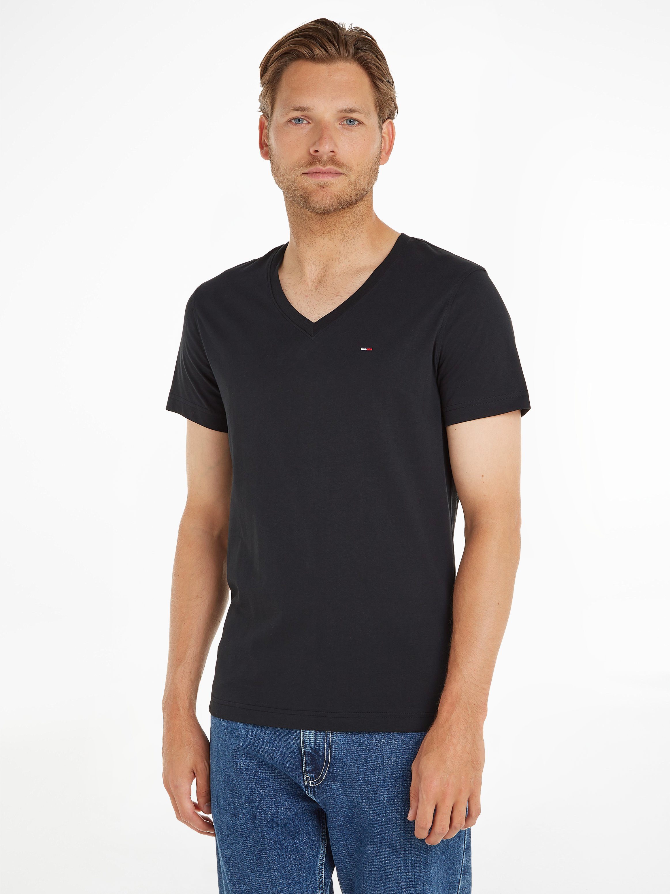 Tommy Jeans T-Shirt TJM ORIGINAL JERSEY V NECK TEE mit V-Ausschnitt und dezenter Logo-Flag 078 tommy black