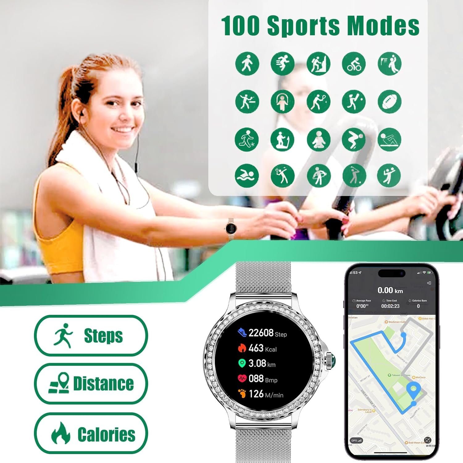Soprii Smartwatch (1,3 Zoll, Android, iOS), Damen, IP68 Wasserdicht  Zyklusmanagement Pulsuhr Blutdruckmessgerät