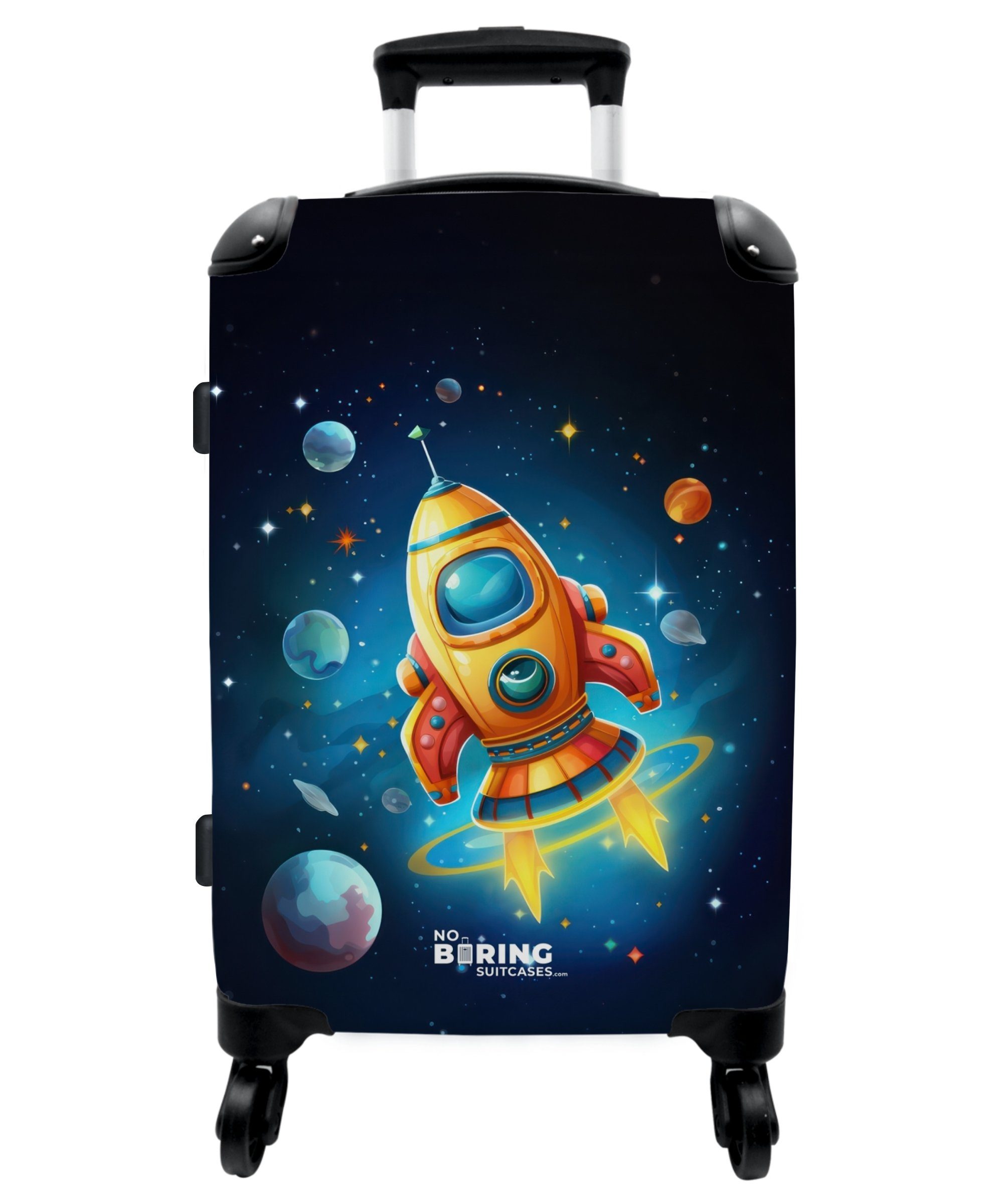 NoBoringSuitcases.com© Trolley Koffer Rollen, Aufgabegepäck Kinder - 67x43x25cm mit - Weltraum 4 Rakete - Reisekoffer Junge, Rollen - Planeten - Rollkoffer 4 Große