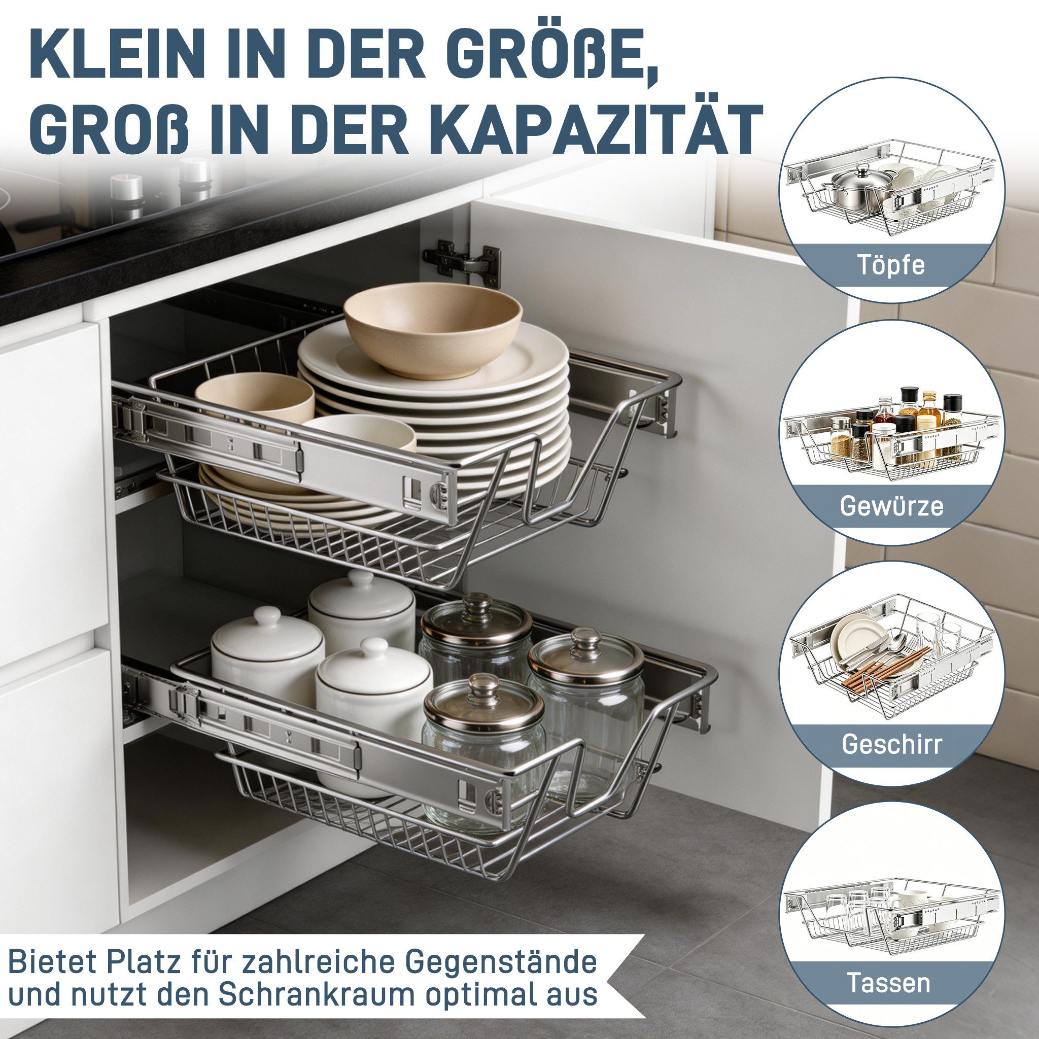 FIVMEN Schublade Teleskopschublade 2 Stück Ausziehbare Küchenschublade, Schlafzimmerschublade Küchen Regal, Silber/Schwarz