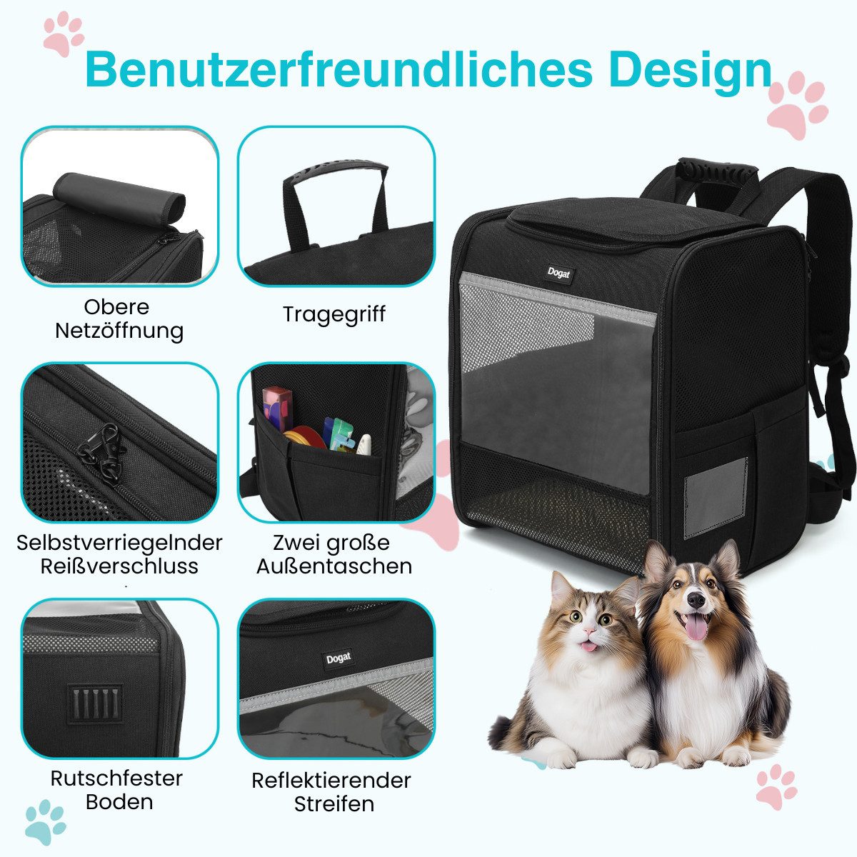 Dogat Tiertransporttasche Tiertransportbox, Katzenrucksack, Hundetasche für Katze & Hund bis 7 kg, BxTxH: 27 x 34 x 40 cm