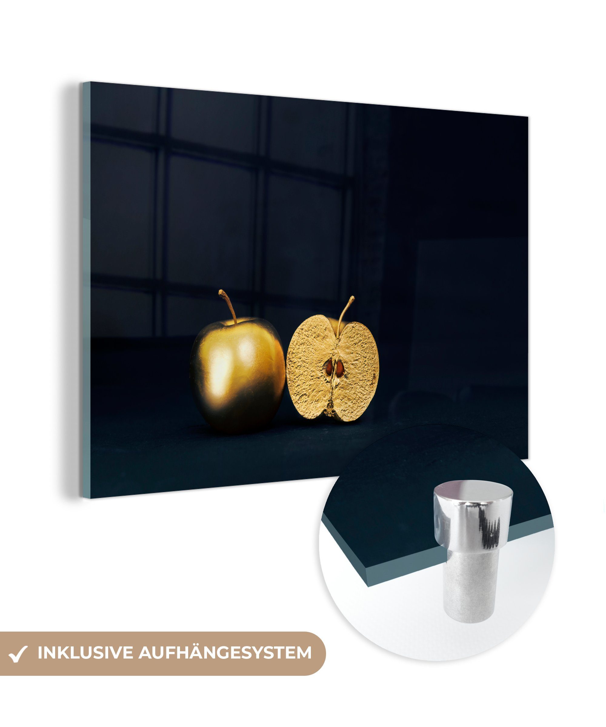 MuchoWow Acrylglasbild Stilleben mit einem goldenen Apfel auf schwarzem Hintergrund, (1 St), Acrylglasbilder Wohnzimmer & Schlafzimmer