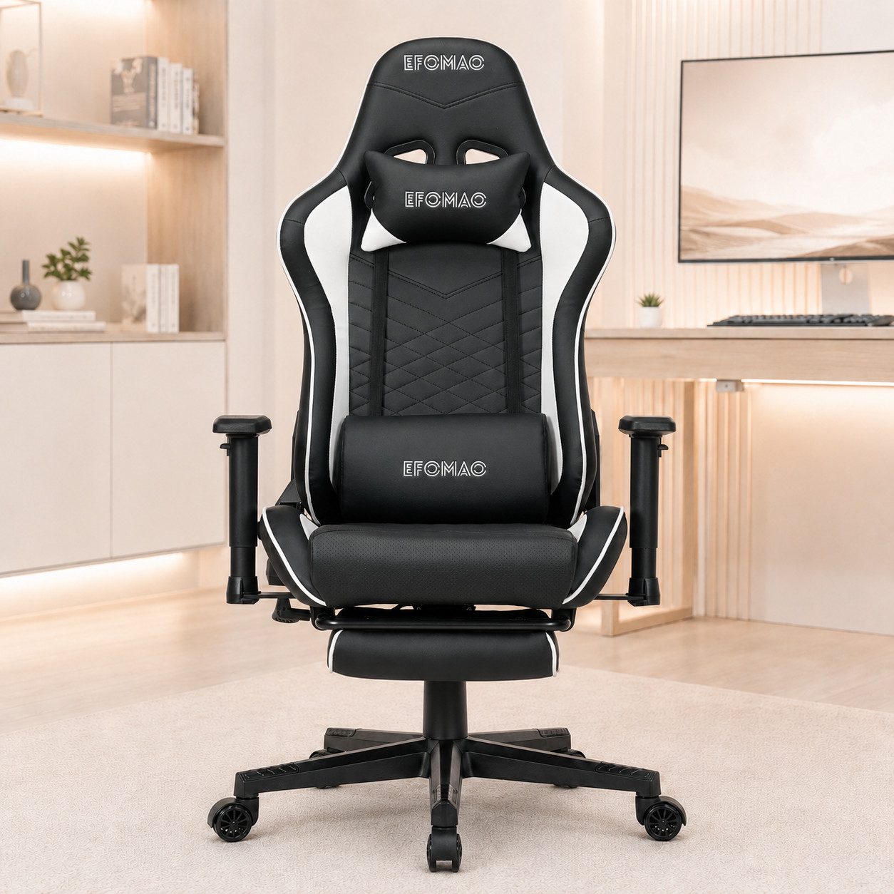 EFOMAO Gaming-Stuhl 155° neigbar mit Fußstütze, Kopf- & Lendenkissen (1 St), höhenverstellbar, belastbar bis 120 kg, Schwarz-Weiβ