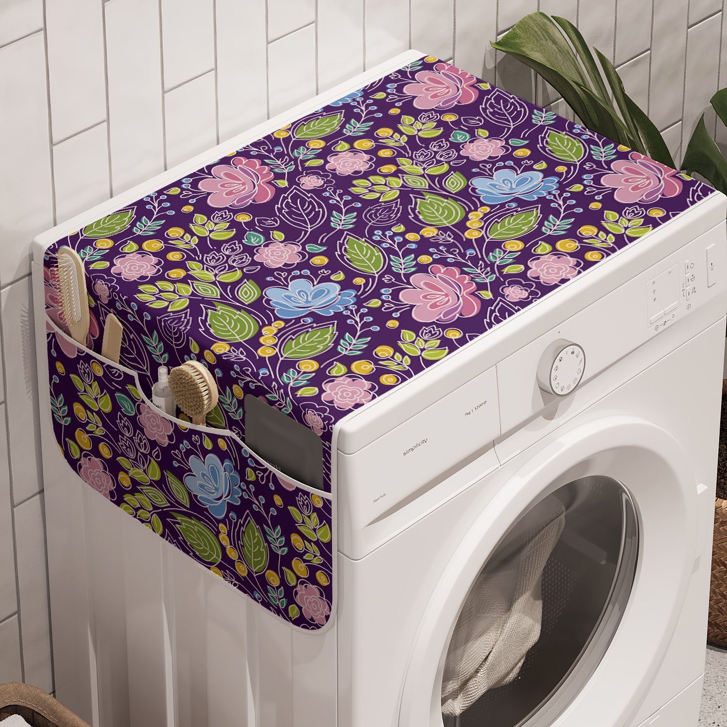 Badorganizer Waschmaschine Blumen mit Abakuhaus Anti-Rutsch-Stoffabdeckung und gelben Trockner, Beeren für Blumen