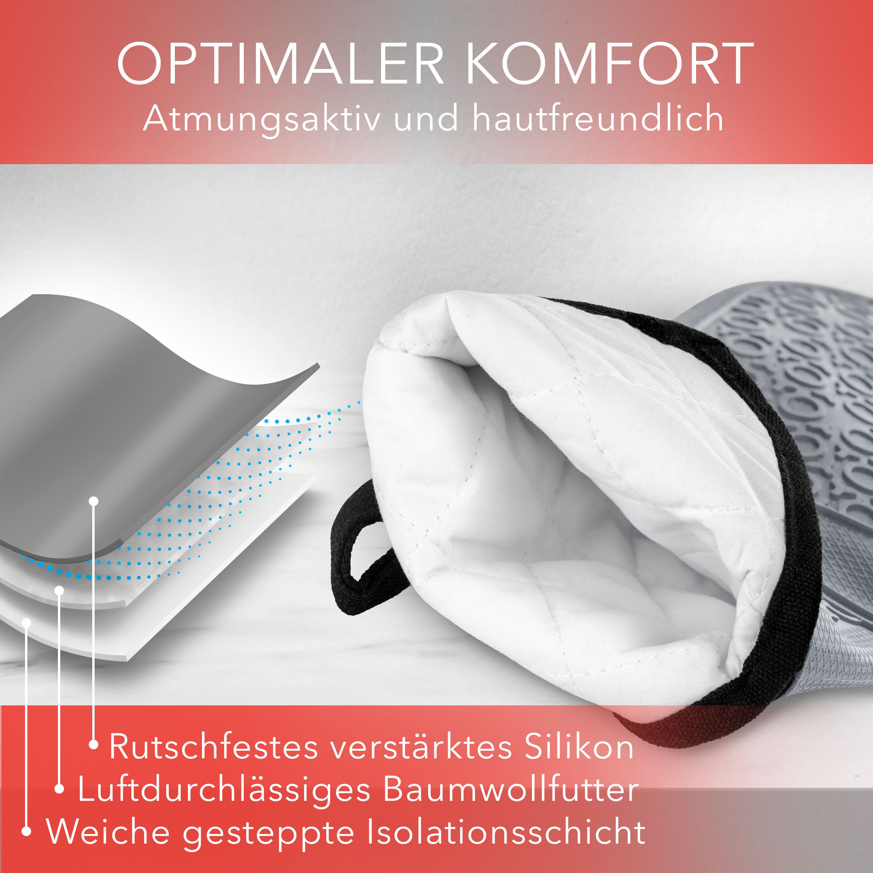 AVANA Topfhandschuhe Silikon Ofenhandschuhe Backhandschuhe Kochhandschuhe, (1 Paar Ofenhandschuhe aus Silikon), weiches Baumwoll-Innenfutter, Anti-Rutsch, Hitze – Bild 4 von 5