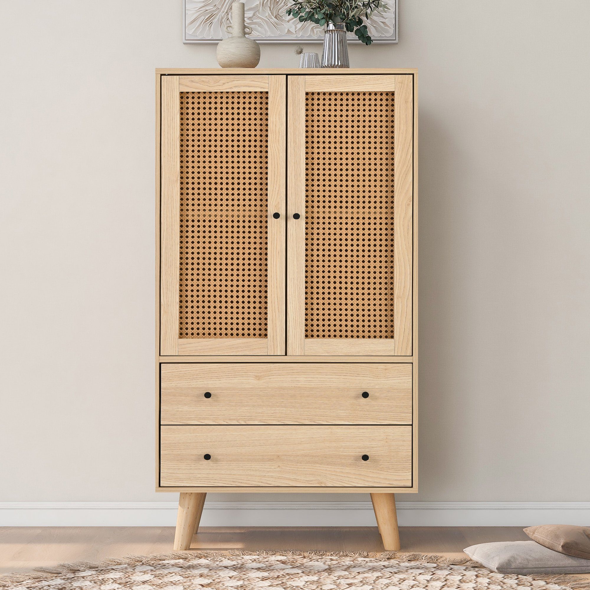 Sweiko Highboard, Sideboard mit Rattantüren und 2 Schubladen,Holzbeine,60*40*120cm