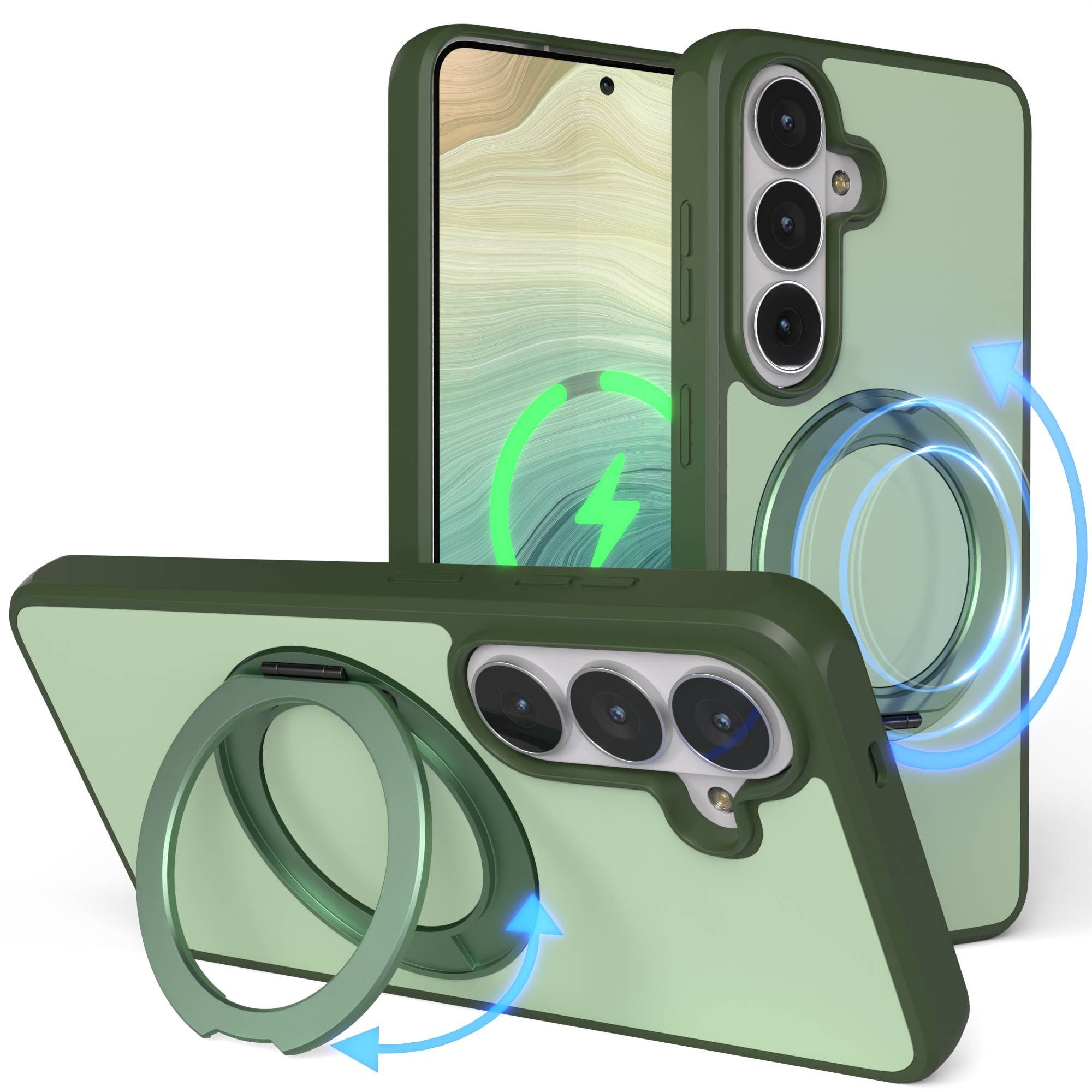 EAZY CASE Handyhülle Outdoor Galaxy S26 Case mit MagSafe Rotation Ring 6,3 Zoll, Backcover Case mit Rotation Ring Outdoor Hülle aufstellbar Dunkelgrün