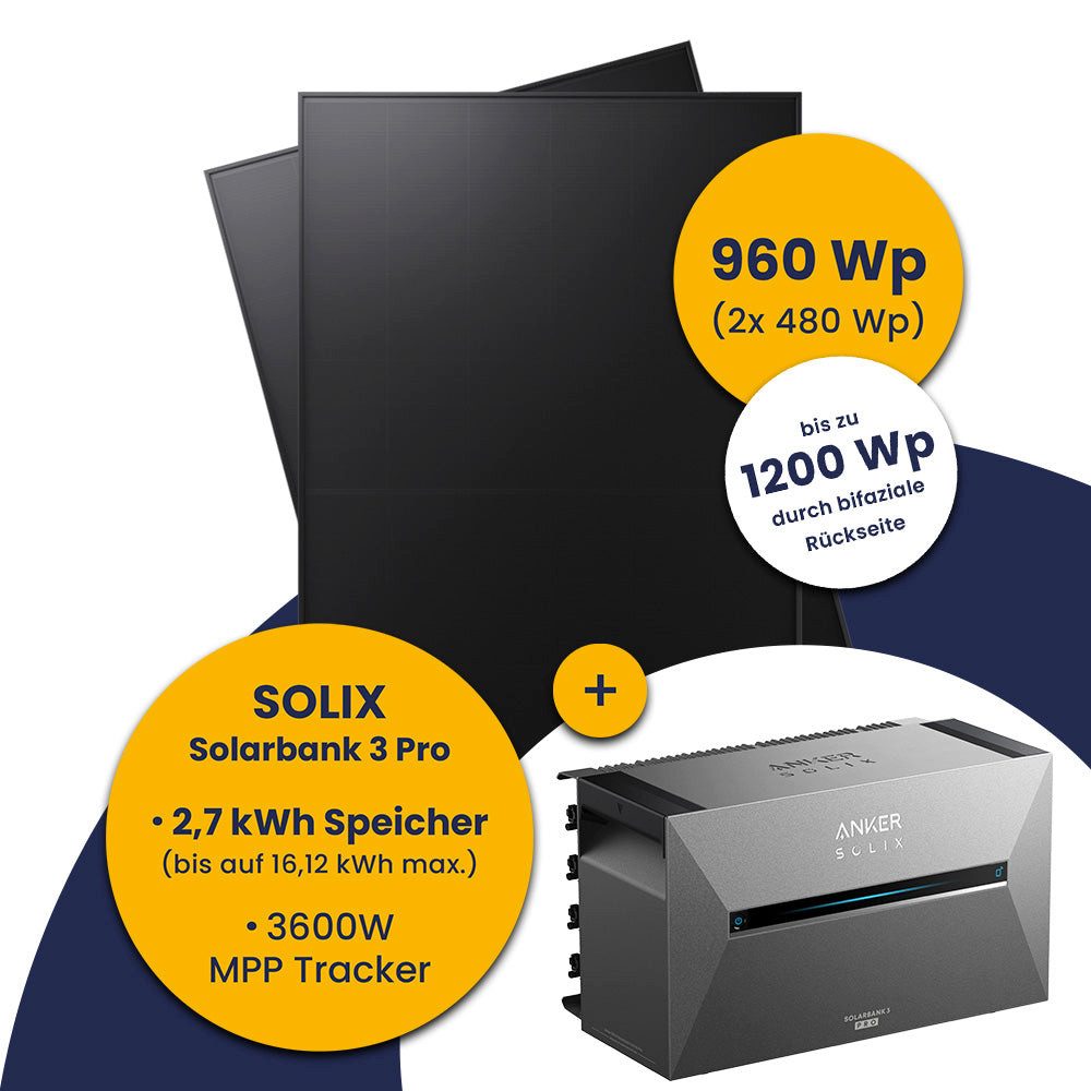 Kleines Kraftwerk Balkonkraftwerk, 960 W, Monokristallin, (ohne Halterung), 2 x 480W, Anker Solarbank 3 Pro