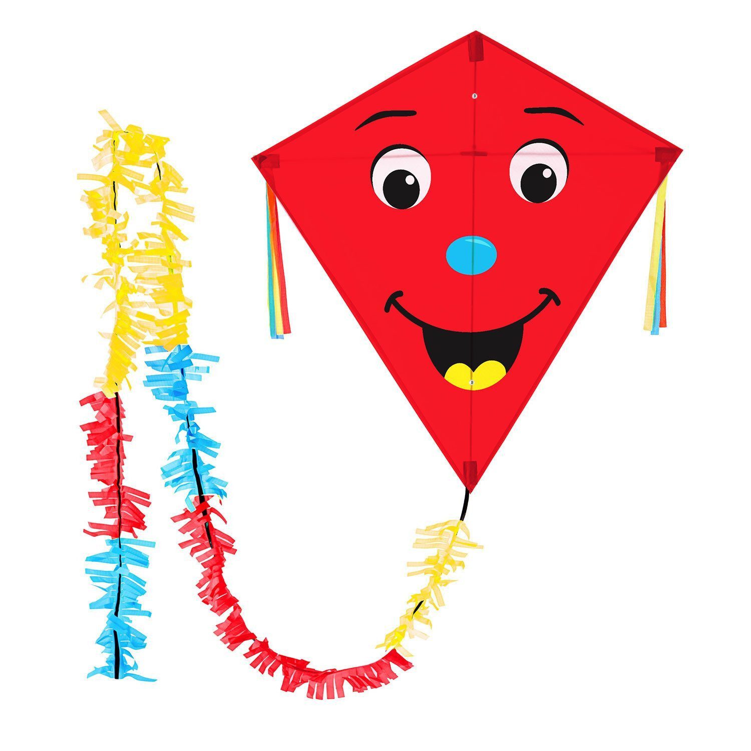 Wolkenstürmer Flug-Drache Kinderdrachen ab 3 Jahre Ready to Fly Outdoor Kite 75 cm, (Flugspielzeug Jungen Mädchen Rautendrachen mit Puschelschwanz, 1-tlg), Flugfertiger Rautendrachen Eddy ab 3 Jahre mit Gesicht Smile rot
