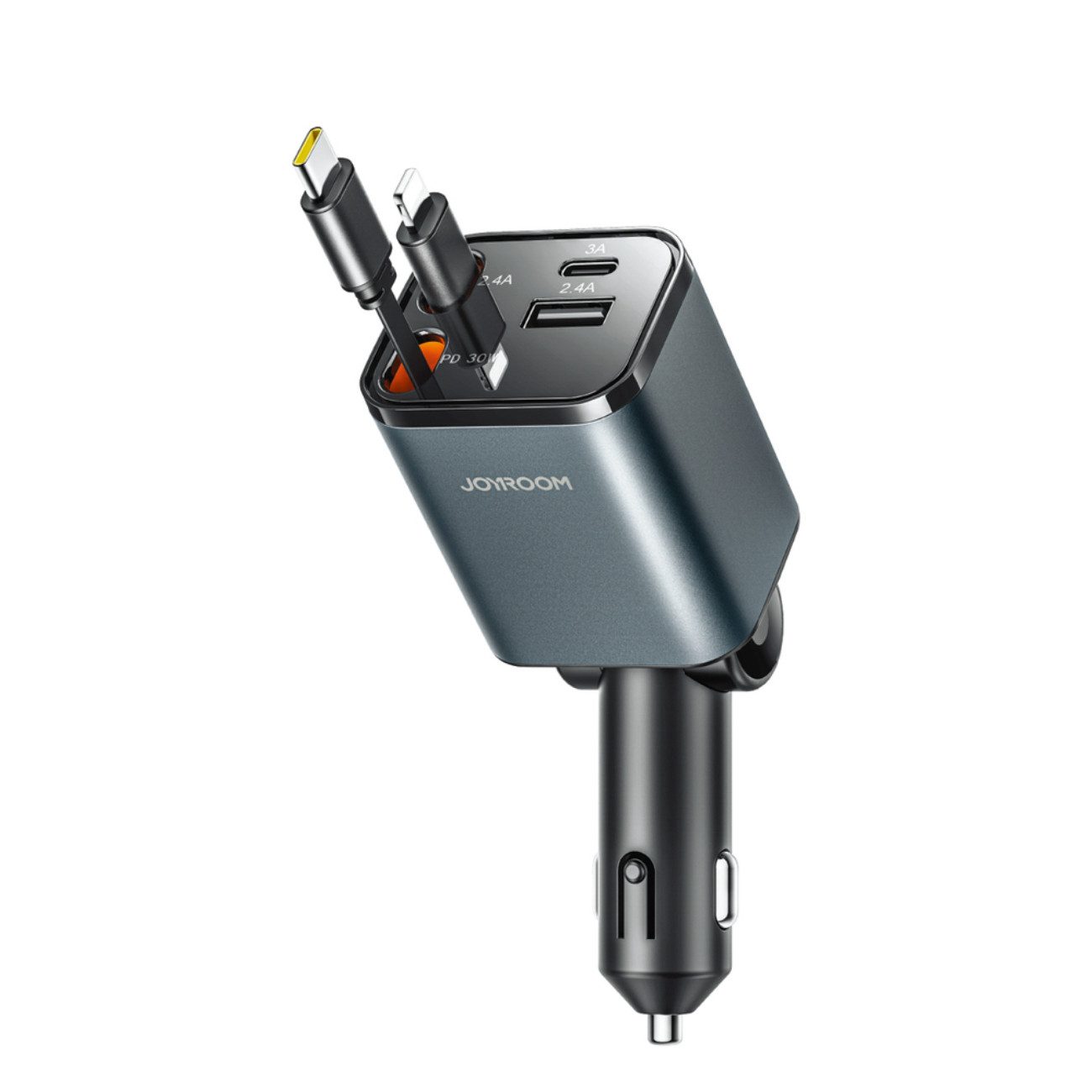 JOYROOM JR-CCL05 KFZ-Adapter Kfz-Stecker (Zigarettenanzünder) zu USB-C Buchse, USB-A Buchse, Lightning Kabel, USB-C Kabel, 80 cm, 4-in-1 Autoladegerät mit 30W Schnellladen und zwei Einzugskabeln