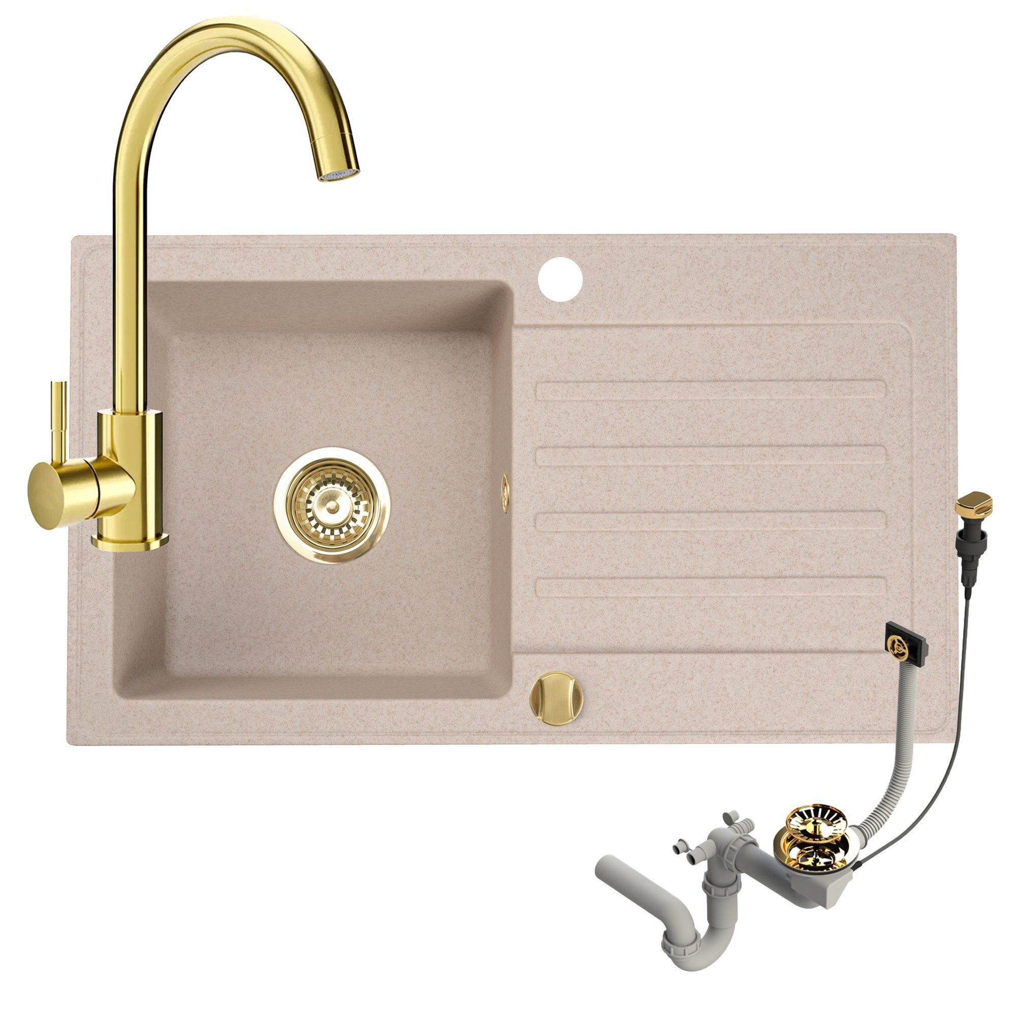 Faizee Möbel Granitspüle Granitspüle 76x44 und Armatur Gold Küchenspüle mit Siphon, Rechteck, 75/45 cm