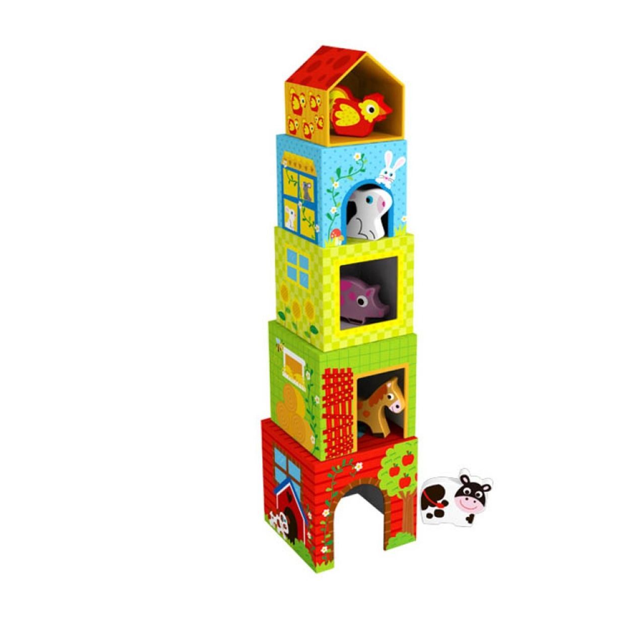 Tooky Toy Stapelspielzeug Holz-Stapelpyramide TKF053, (10-tlg), 10-teilig, 5 Holzbecher, 5 Bauernhoftiere, ab 12 Monaten, Motorik