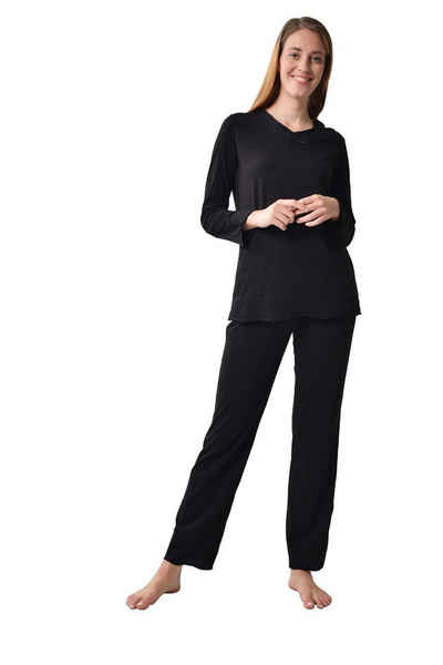 RAIKOU Hausanzug Damen Deluxe Pyjama aus 100 % Baumwolle, Schlafanzug Schlafhose (2 tlg., 1tlg order 2tlg) mit langen Ärmeln, mit V-Ausschnitt