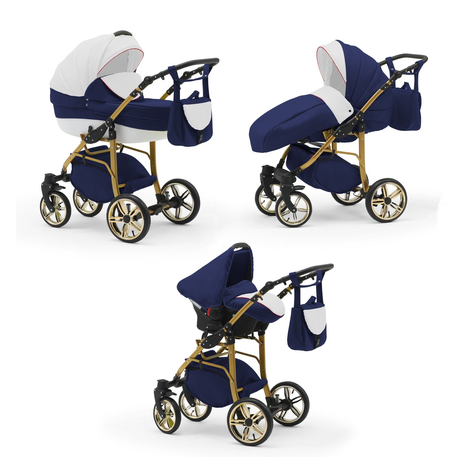 babies-on-wheels Kombi-Kinderwagen 3 in 1 Kinderwagen-Set Cosmo ECO Gold - 16 Teile - in 46 Farben Weiß-Navy-Weiß