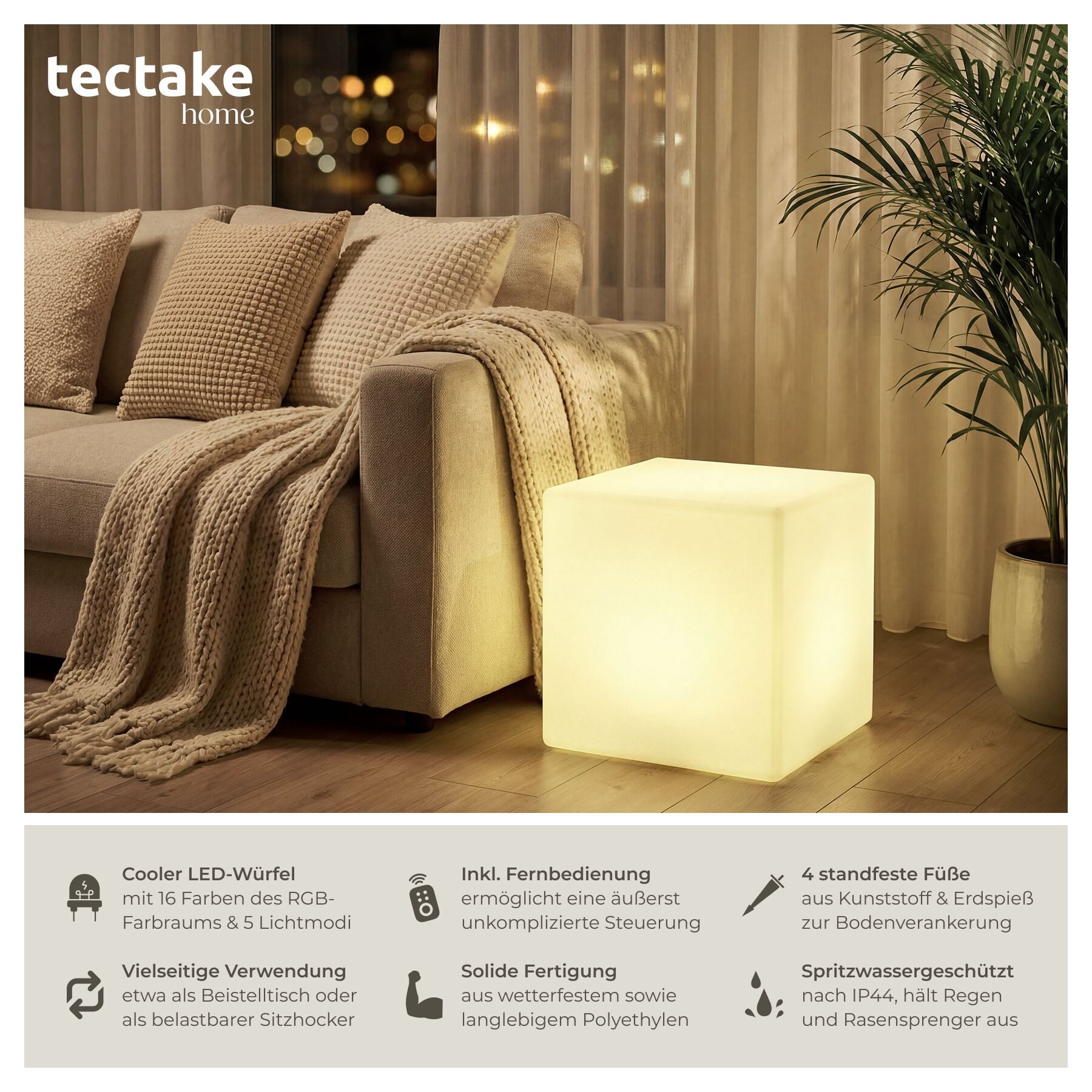 tectake LED Gartenleuchte Leuchtwürfel Luminous Cube, LED, mit Fernbedienung, LED, Bunt, Stylischer LED-Würfel mit 4 Standfüßen und indirekter Beleuchtung