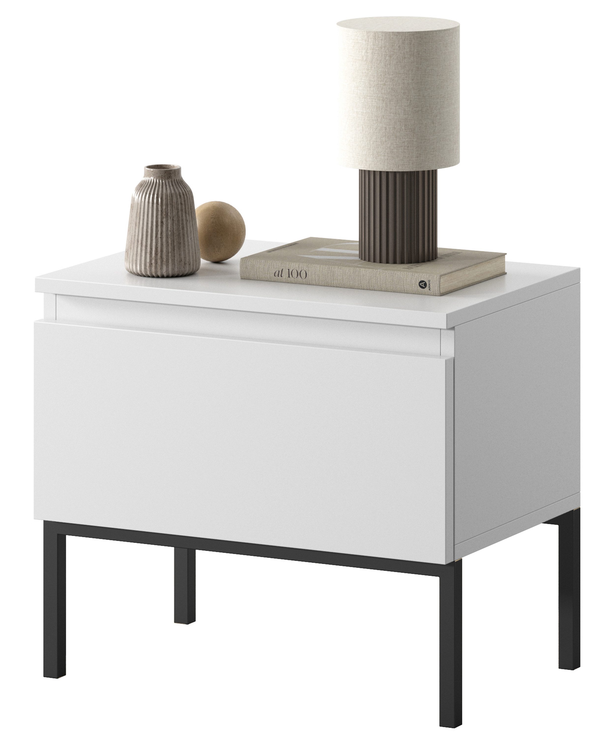 Selsey Nachttisch BEMMI, mit Klapptür und schwarzem Metallgestell