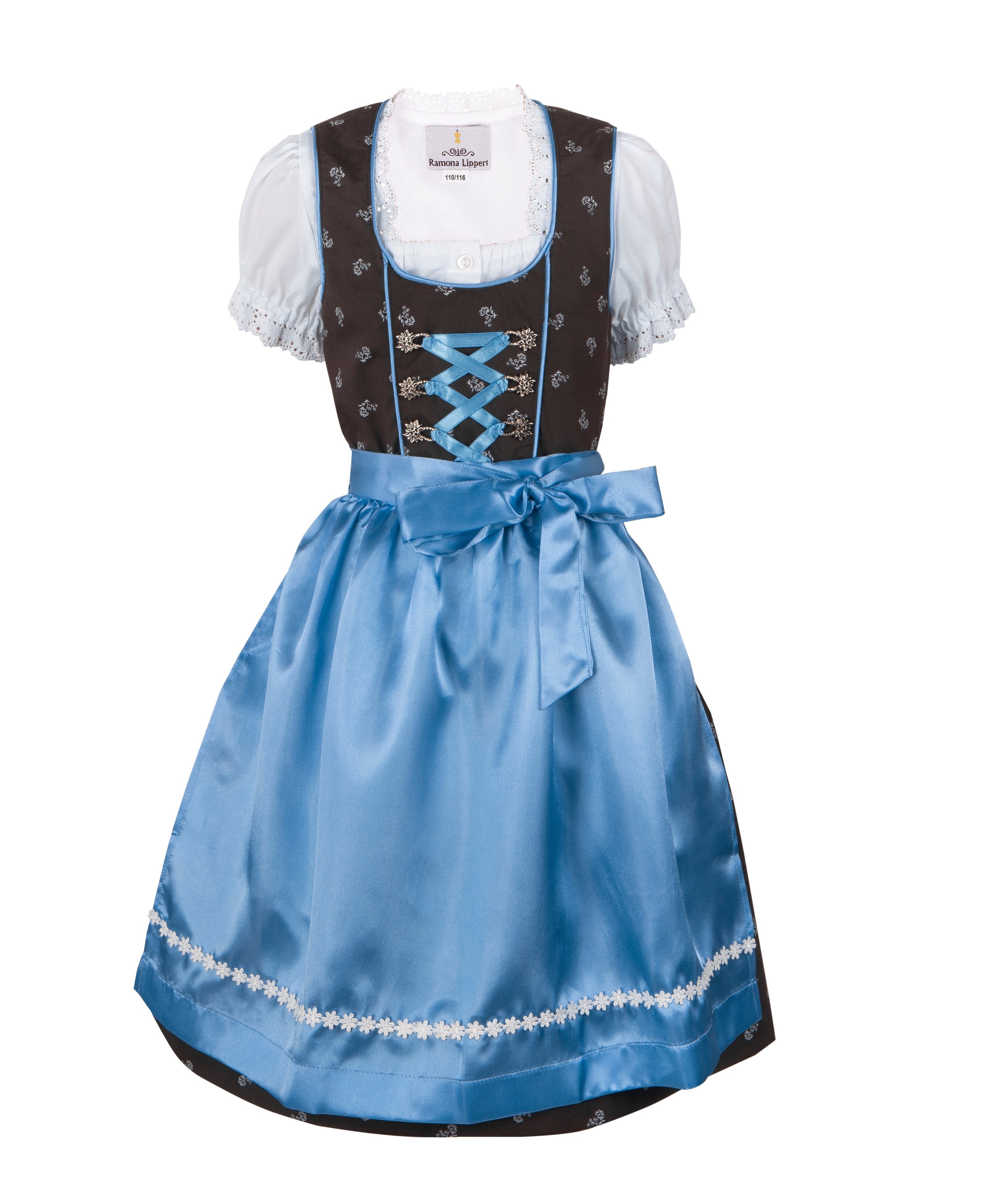 Ramona Lippert Dirndl Kinderdirndl Sophia Mädchen Trachtenkleid braun blau (3-teilig) Bluse mit