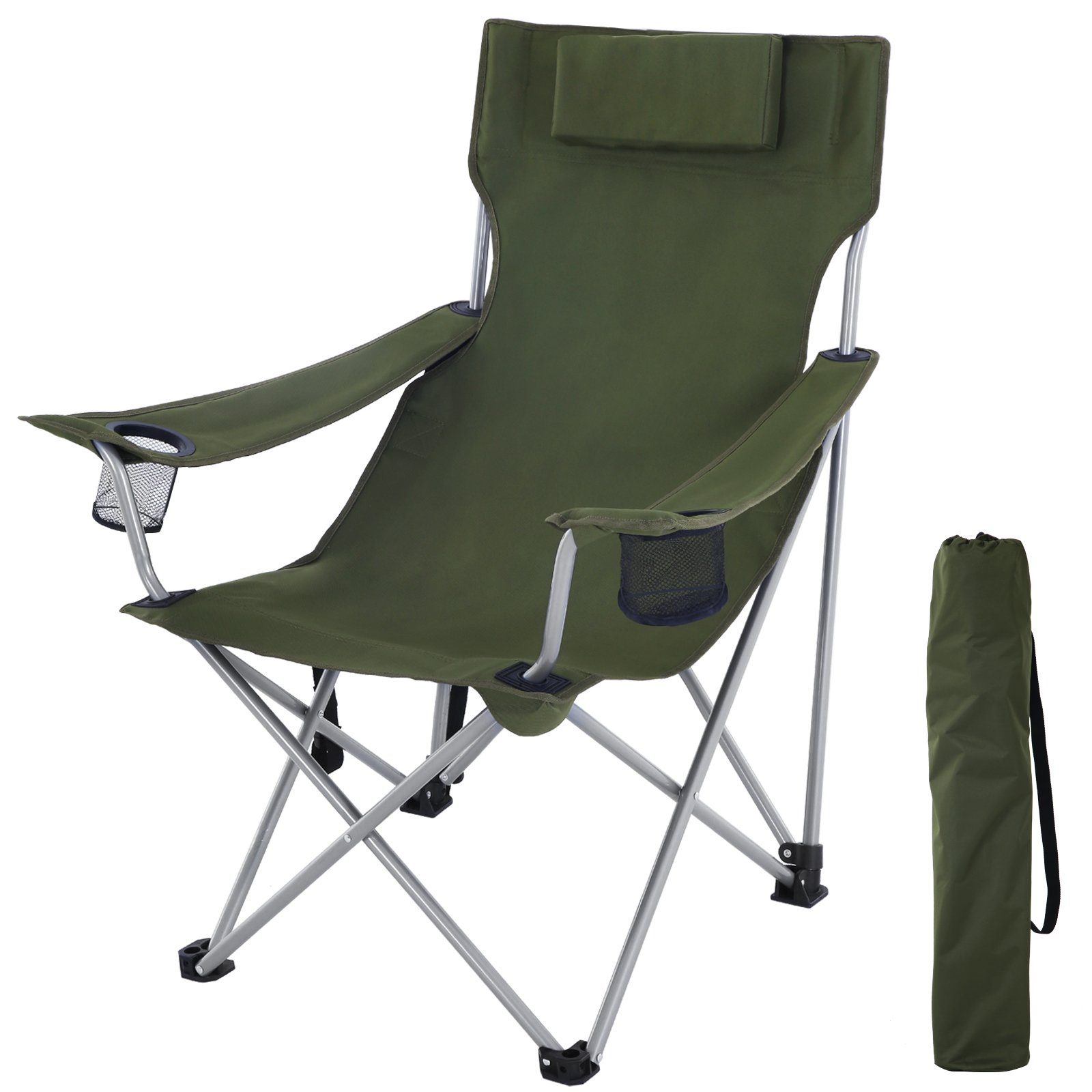 SONGMICS Campingstuhl Klappstuhl, mit Armlehnen, Kopfstütze und Getränkehaltern, bis 150 kg