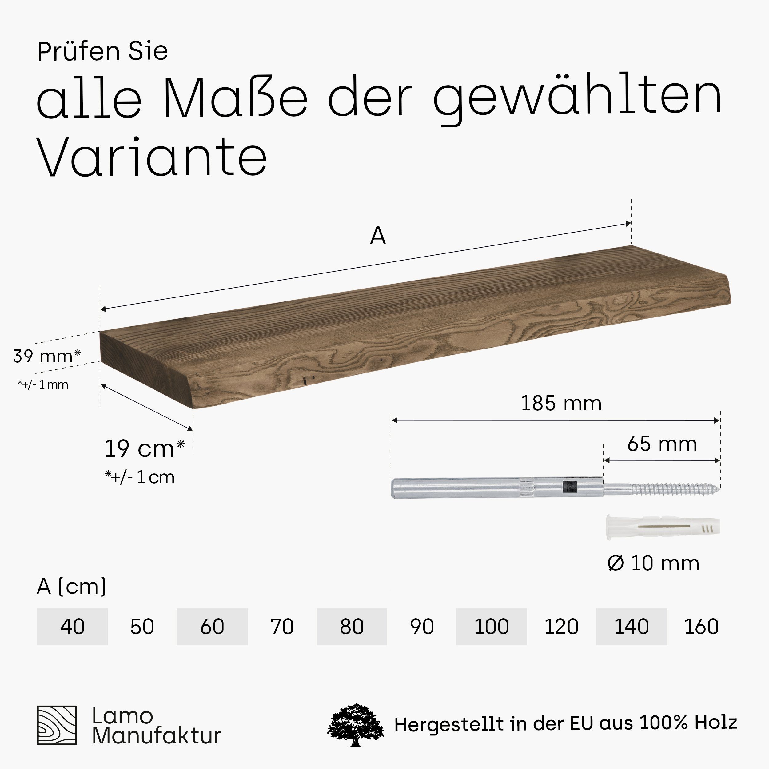Manufaktur Invisible Dübel, Nussbaum 40mm Massivholzplatte mit Komplett-Set, stake Wandregal Würth LAMO