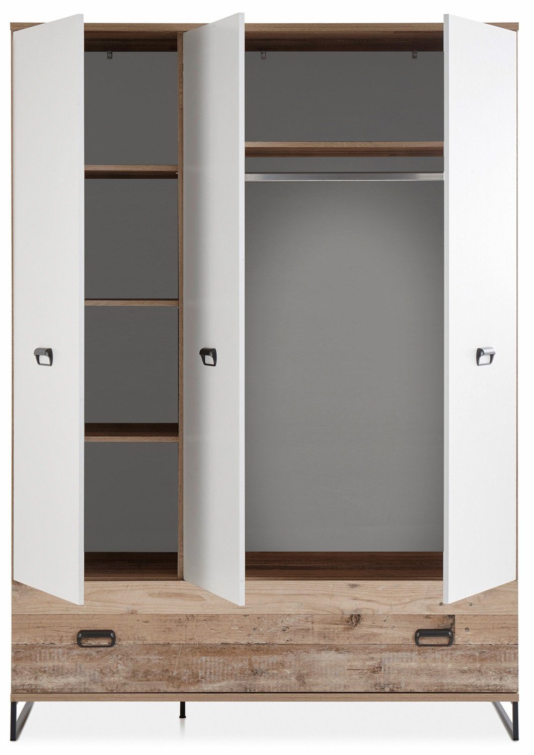 Begabino Kleiderschrank RONNY, B 143 H Dekor, weißen Türen großen Schublade cm, 3 201 mit hell Style 1 x und Old