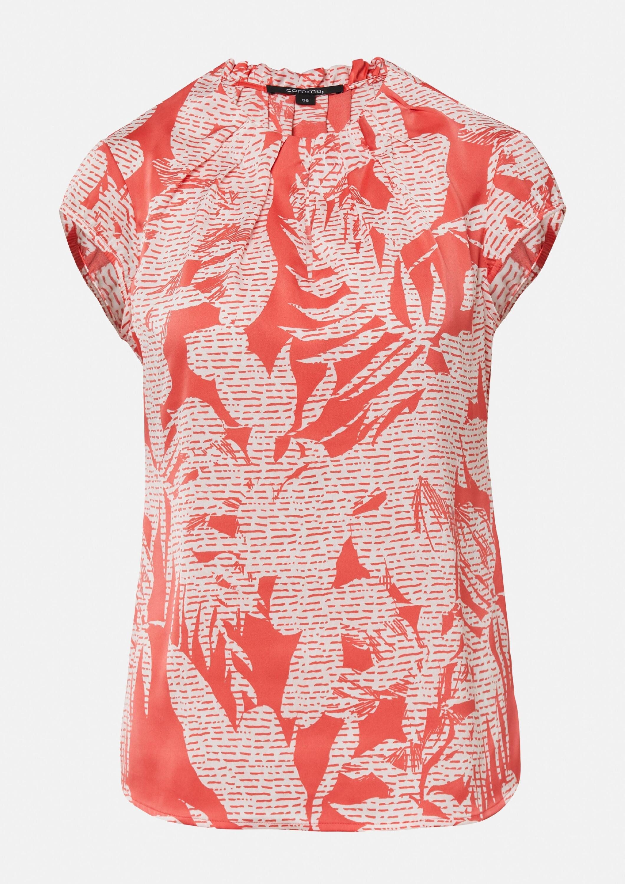 comma Kurzarmbluse Bluse Gemusterte Satin-Bluse mit Raffung