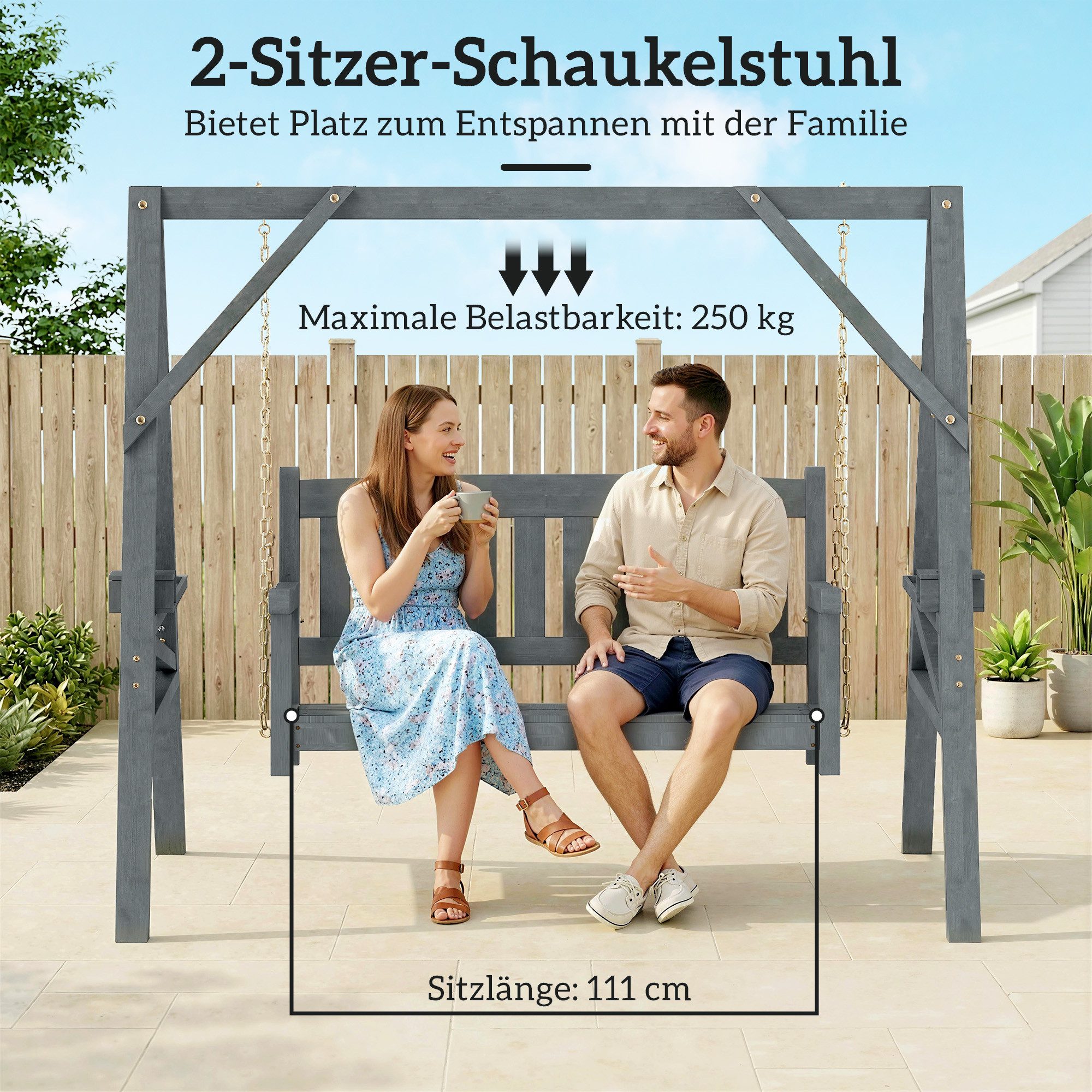 Outsunny Hollywoodschaukel Gartenschaukel aus Holz, Schaukelbank belastbar bis 250kg, 2-Sitzer, Schaukelfunktion, mit Ablage, Packung, 2 tlg., 2-teilig, mit Ket – Bild 4 von 5