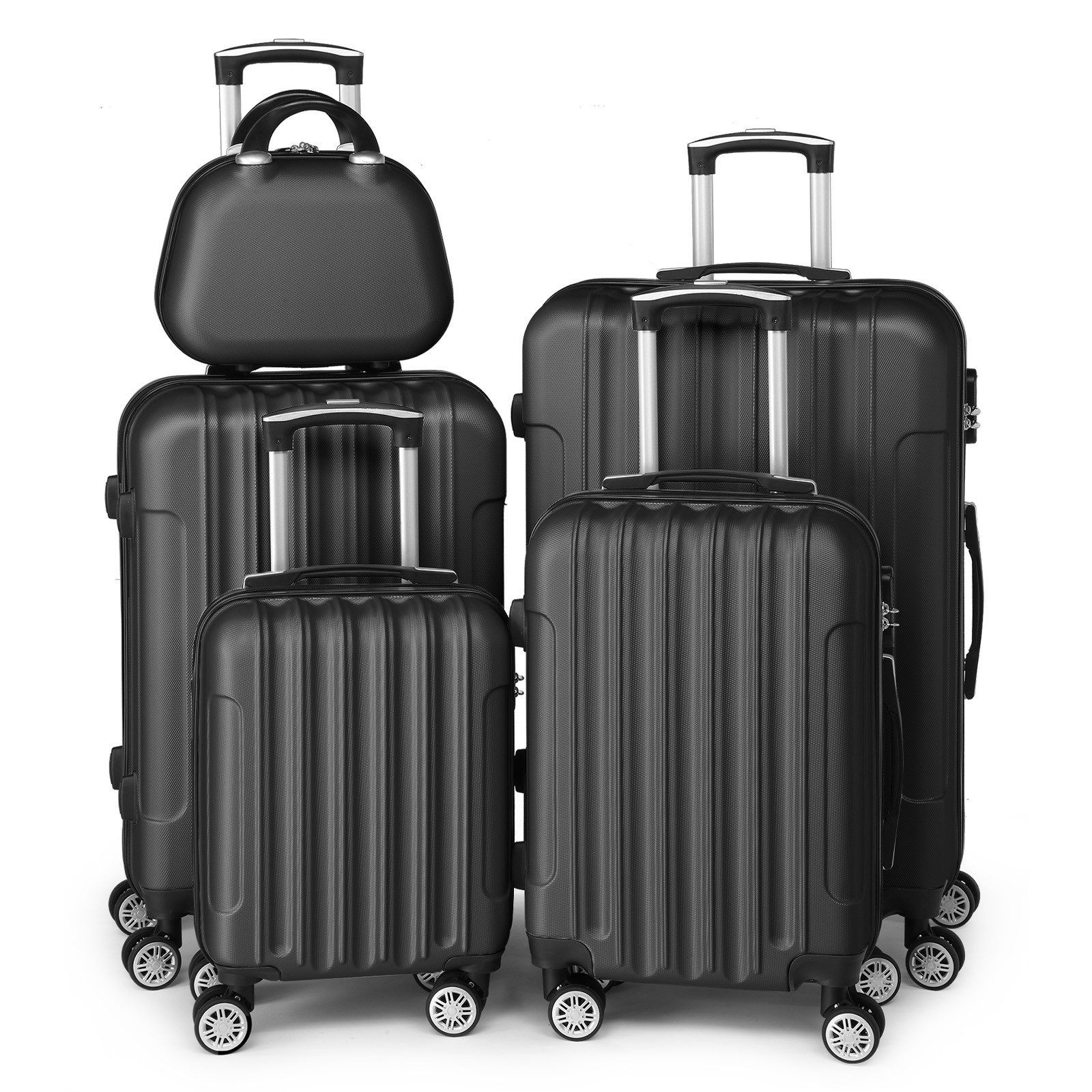 LALAHO Trolley Kofferset Hartschale Reisekoffer, 360° Rollen, 4 Rollen, 5er Set Handgepäck, Koffer, mit Kosmetikkoffer, Schwarz
