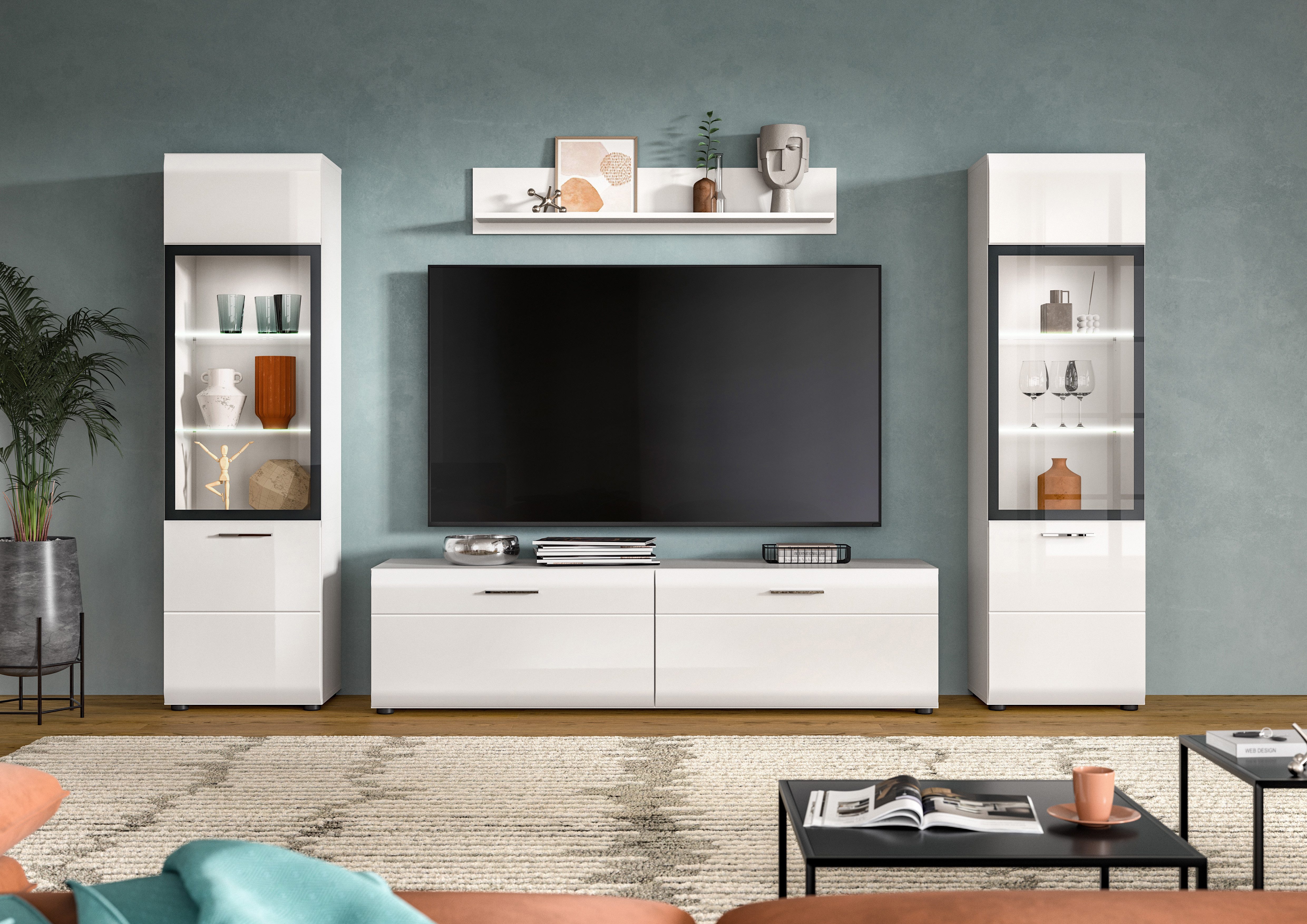 furnling Wohnzimmer-Set Ivy, (4-St., Lowboard, 2x Vitrine, Wandboard), mit Rillenfräsung in der weißen Hochglanz Front, Breite 280 cm