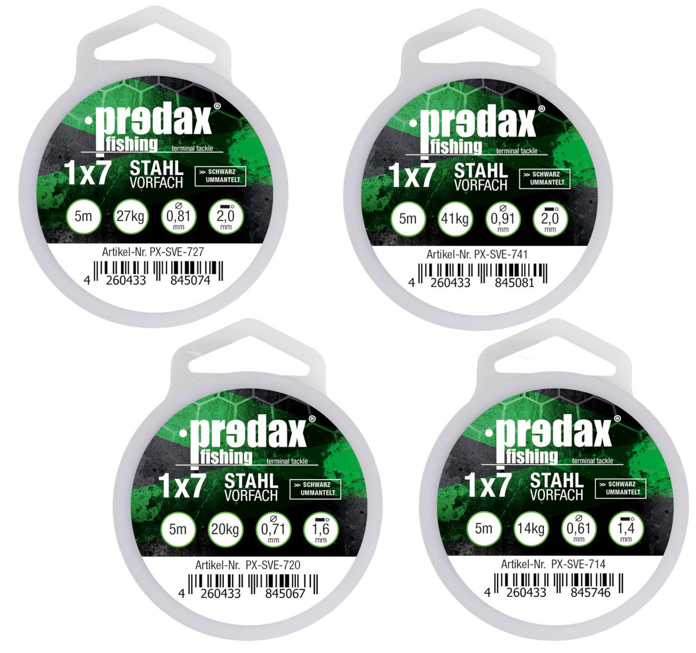 Predax Vorfachschnur Predax Stahlvorfach 1x7 - 4 Spulen a 5m (14,20,27 & 41kg) - Vorfach, (20-St)