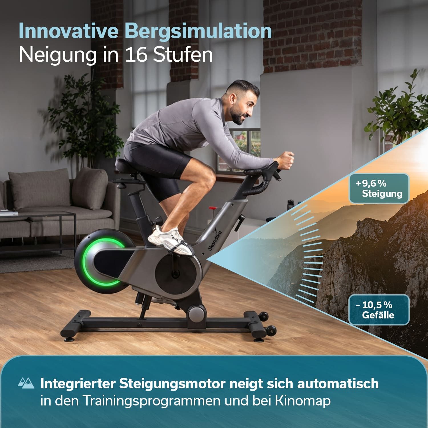 Skandika Speedbike Bike Indoor Kliva 500-S, Steigung in 16 Stufen, 3 Programme (Bluetooth Kinomap App kompatibel, bis 150 kg), Heimtrainer Fahrrad SMART mit LED, Magnetbremse mit 32 Stufen