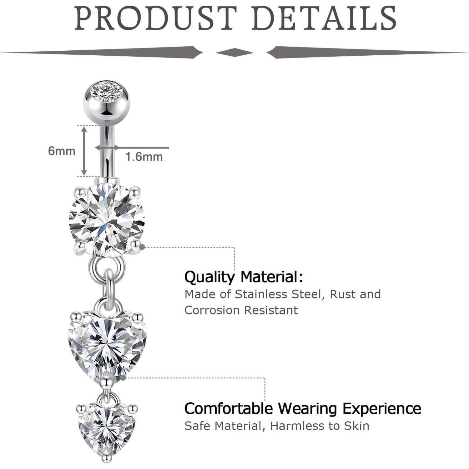 vcmart Bauchnabelpiercing 3er Set Bauchnabelpiercing 14G Chirurgenstahl 6mm Silber Zirkonia