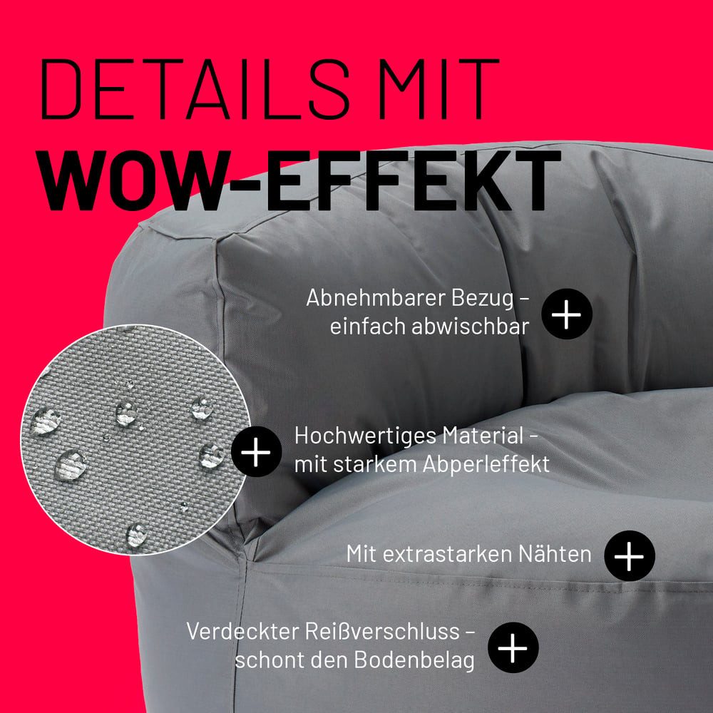 Lumaland Sitzsack Round Sofa Sitzkissen Bean Bag Couch Lounge, inkl. Rückenlehne In-& Outdoor 90x90x50cm – Bild 5 von 5