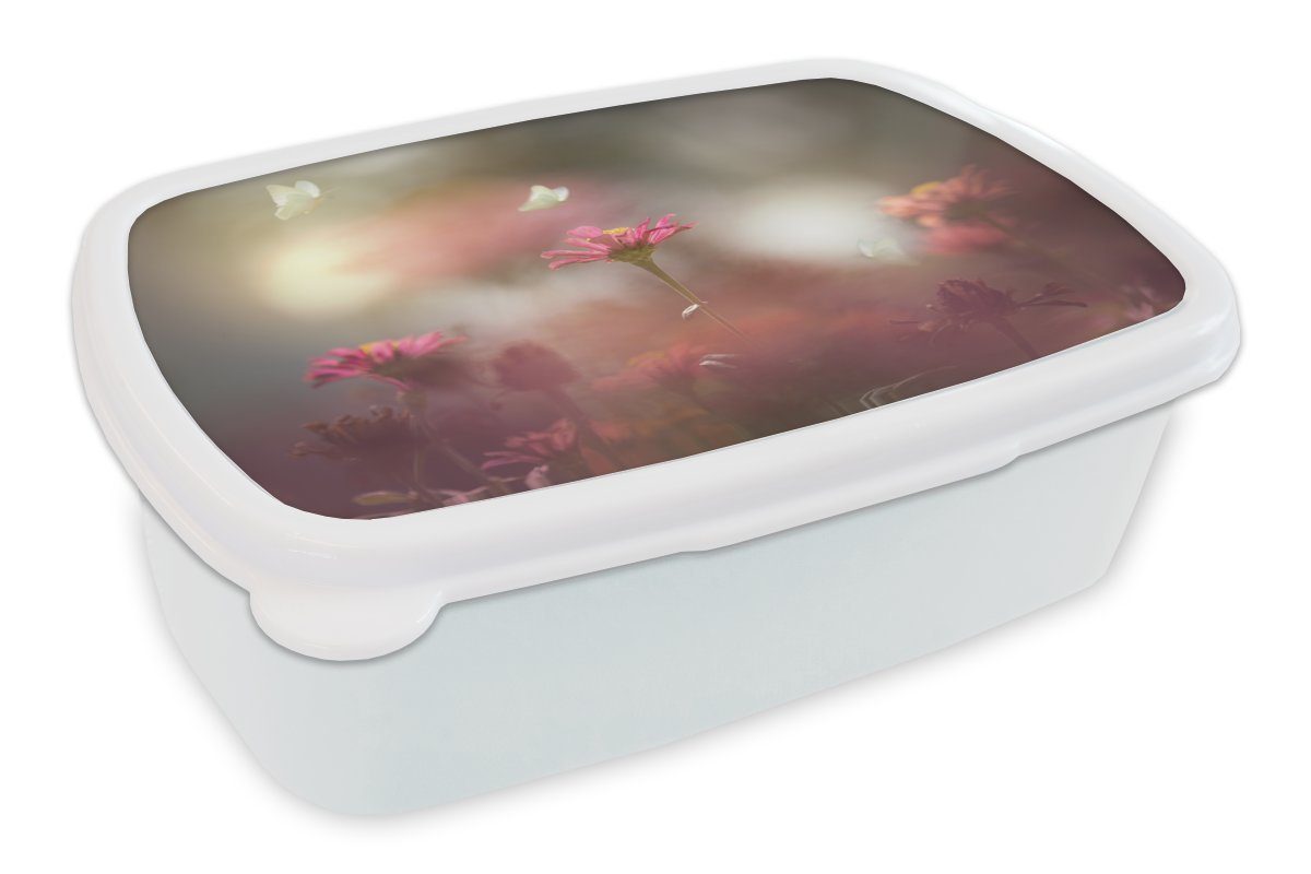 Brotbox für weiß Brotdose, (2-tlg), Kinder Jungs Mädchen Schmetterling MuchoWow - Erwachsene, Blumen Frühling, und Kunststoff, und - für Lunchbox