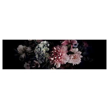 Bilderdepot24 Küchenrückwand schwarz dekor Blumen Kunst Vintage Blumen mit Nebel auf Schwarz, (1-tlg., Nischenrückwand - für Fliesenspiegel ohne Bohren - matt), Spritzschutz Rückwand Küche Herd - Folie selbstklebend versch. Größen