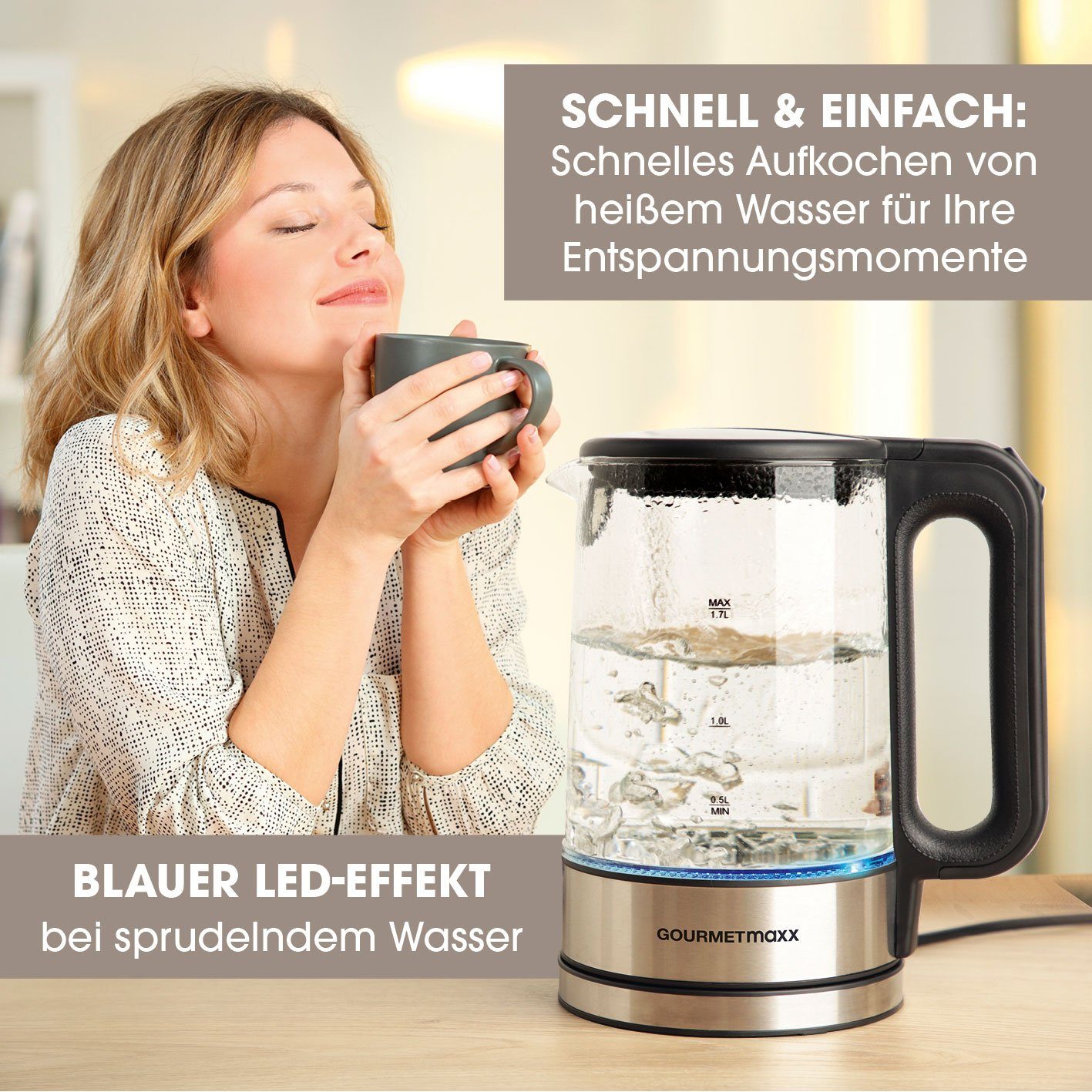 GOURMETmaxx Wasserkocher Glas 2200,00 automatischer LED-Beleuchtung Abschalter W, Antikalkfilter, l, 1.7 1,7L