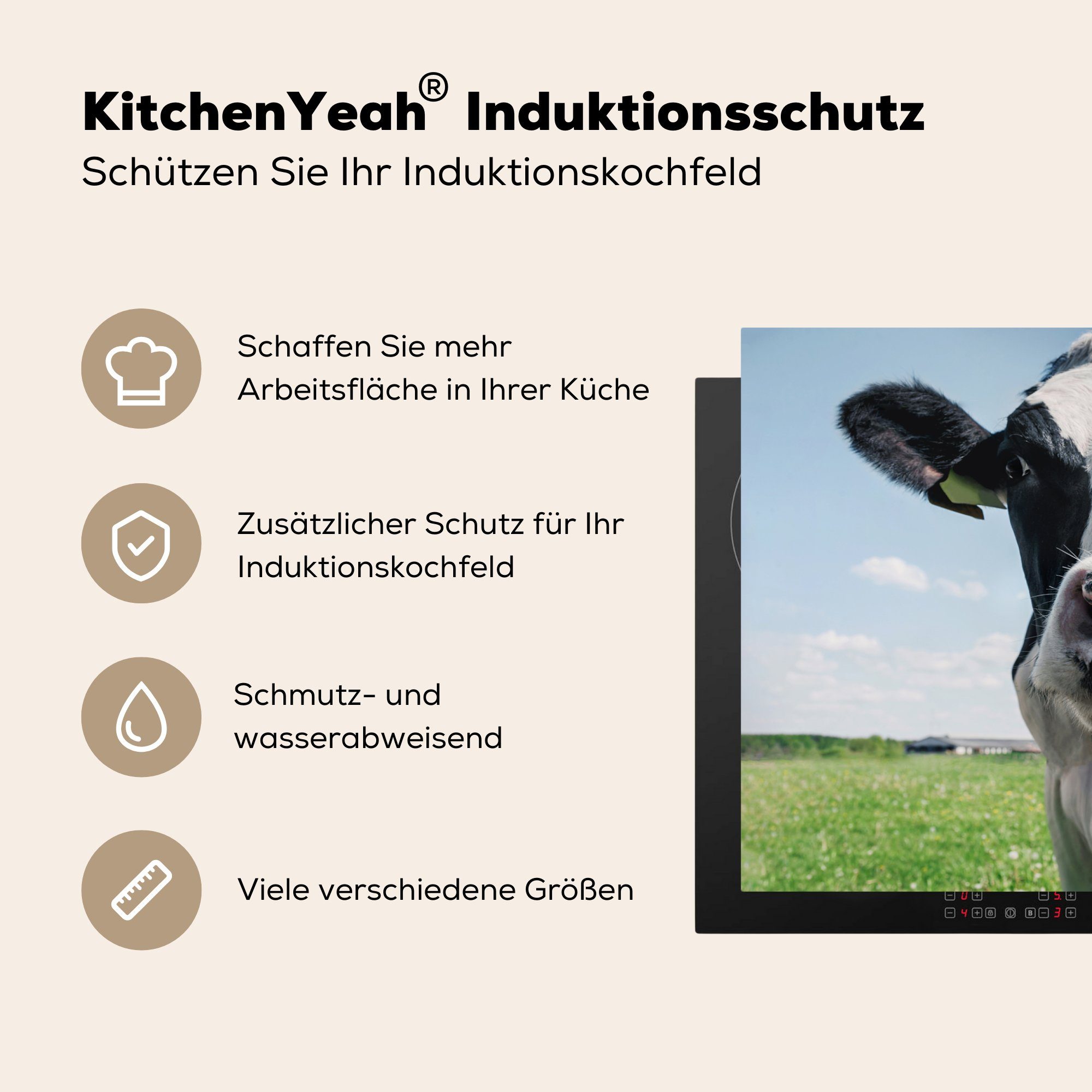 Induktionskochfeld tlg), die Kuh 81x52 Wiese Natur Vinyl, - für - - Tiere Gras, - MuchoWow Ceranfeldabdeckung küche, (1 Schutz Herdblende-/Abdeckplatte cm,