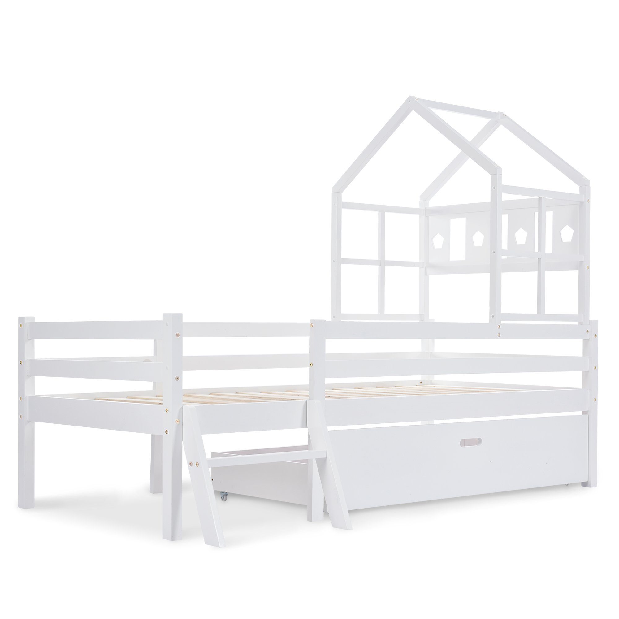 Kinderbett (Hausbett mit Lattenrost, Schublade und Leiter), Hochbett Einzelbett mit Rausfallschutz, inkl. Zaun, 90x200 cm, Kiefer