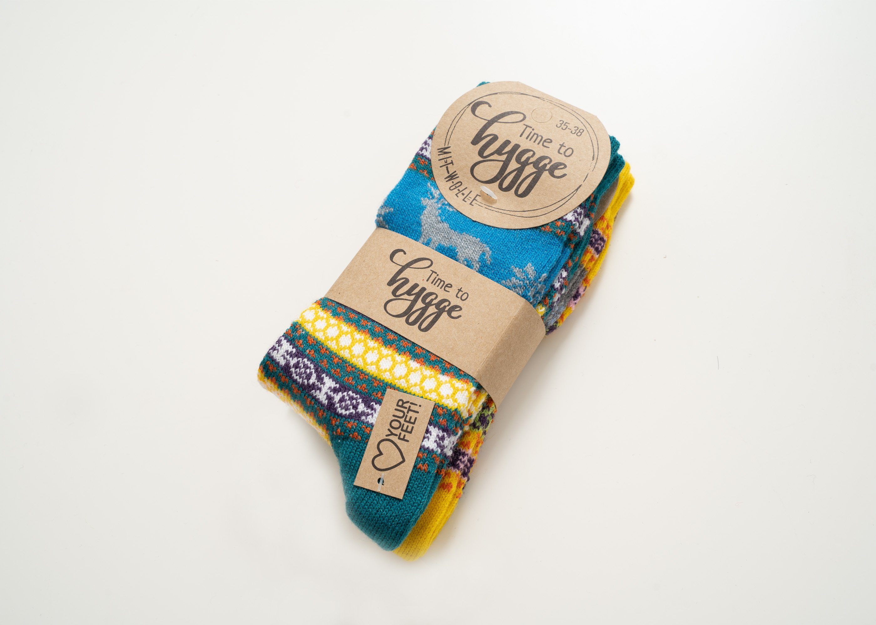 HomeOfSocks Norwegersocken Hygge Elch Norweger Socken Für Herren Und Damen mit Wolle 2er Pack Wollsocken Fröhlich Bunten Elch Mustern Druckarmer Zehennaht