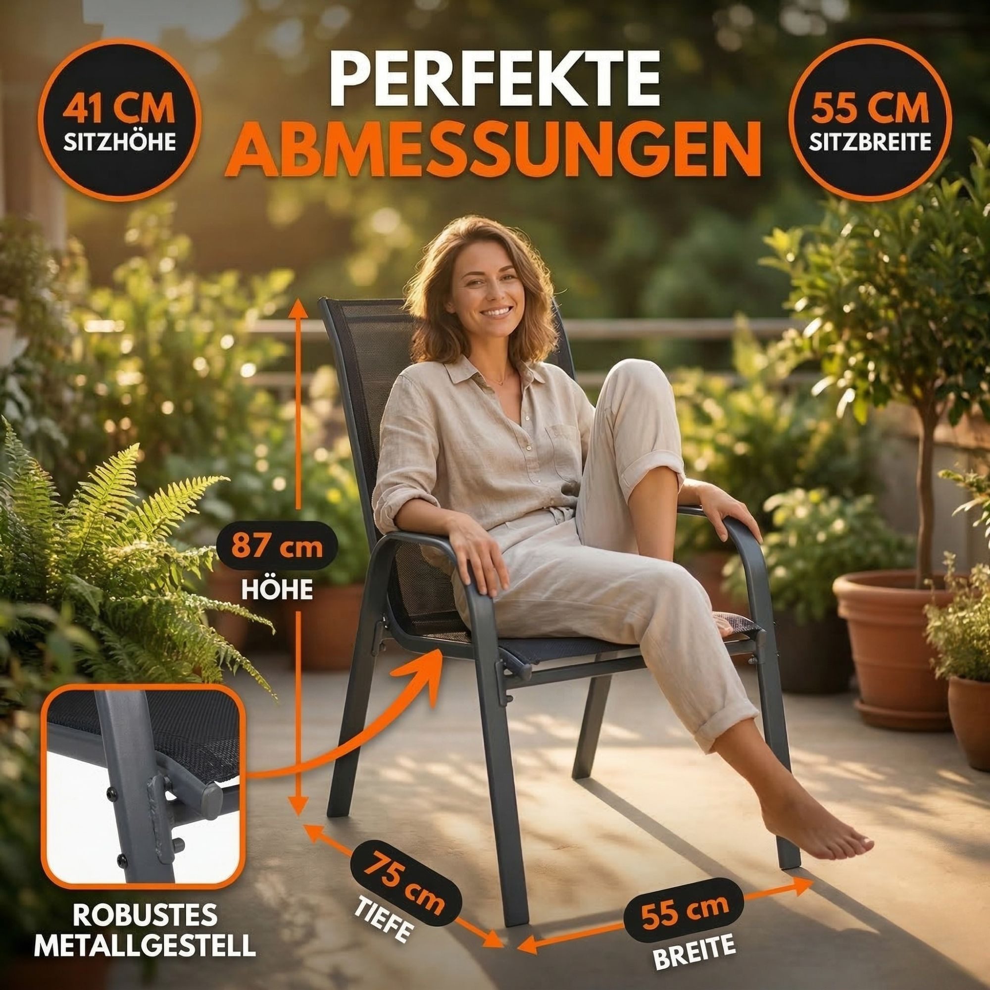 Albatros International Gartenstuhl Gartenstuhl KUBA stapelbar, 2er Set bequem belastbar Metall (mit robustem Metallgestell und hoher Belastbarkeit – Stapelstühl – Bild 3 von 5