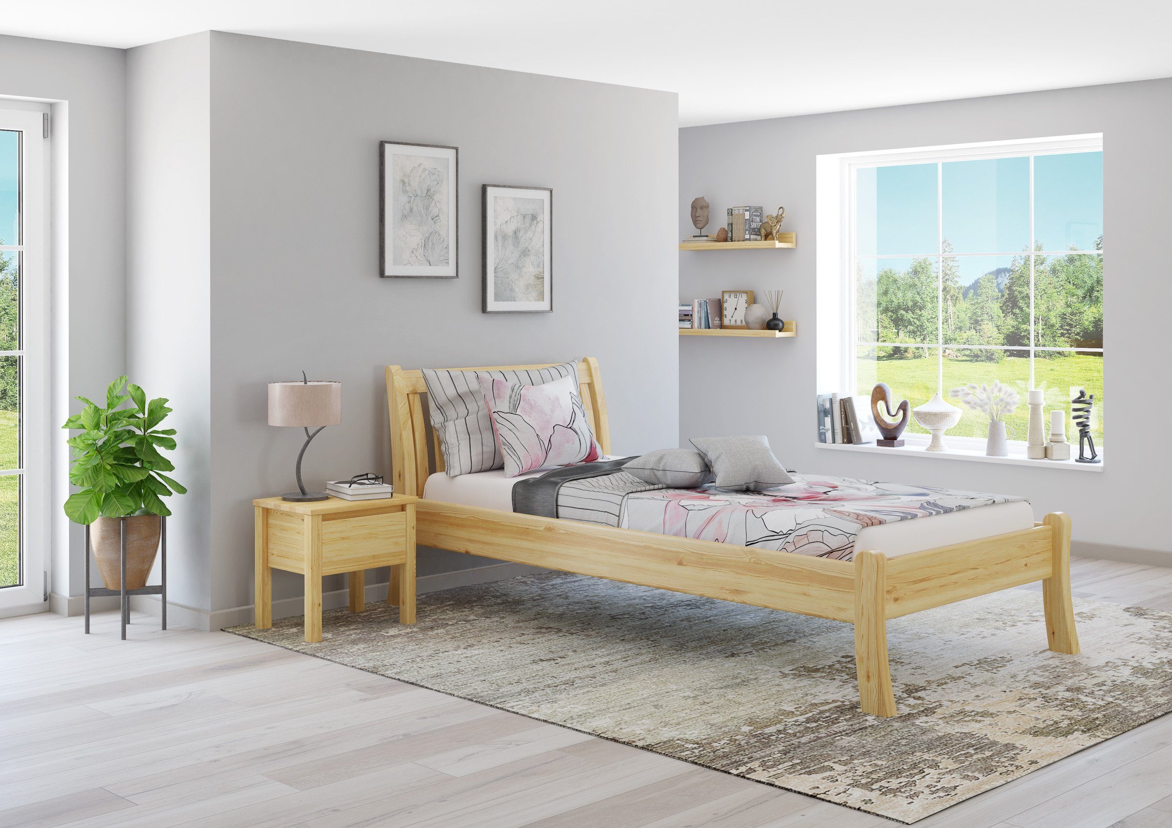 cm, Holzbett Sitzkante Bett ERST-HOLZ Kiefer Kieferfarblos 100x200 hohe lackiert massiv