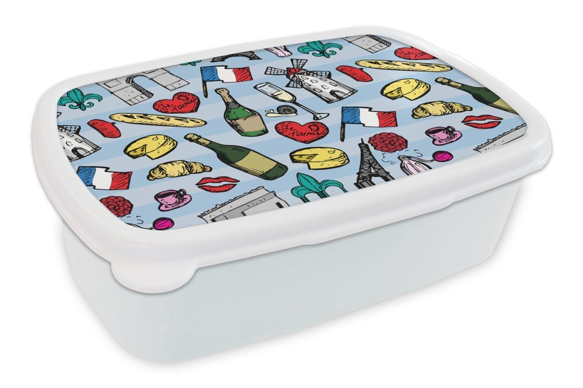 MuchoWow Lunchbox Paris - Muster - Frankreich, Kunststoff, (2-tlg), Brotbox für Kinder und Erwachsene, Brotdose, für Jungs und Mädchen weiß