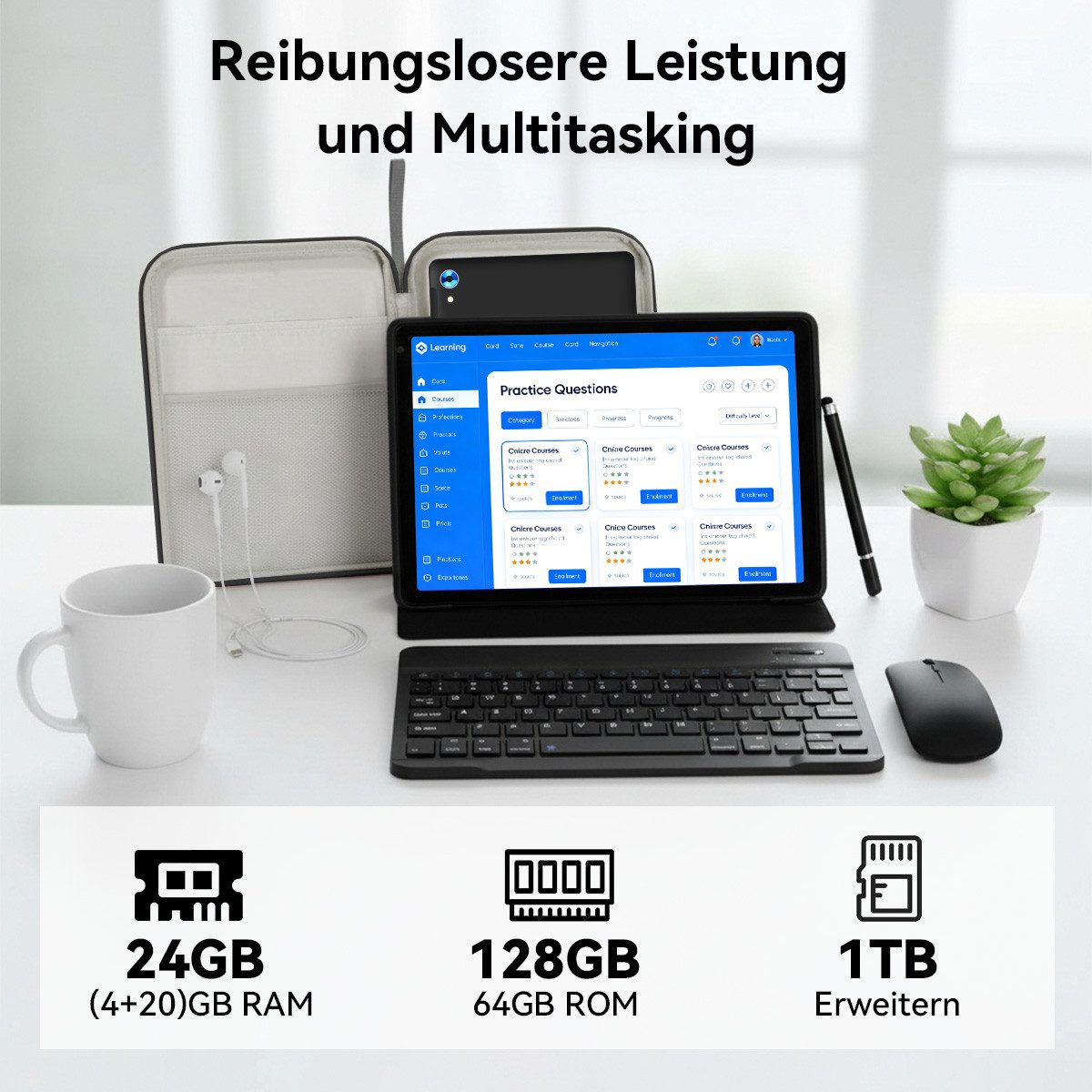 Happybe 10,1 Zoll Android, 128GB mit Tastatur Maus Stylus Hülle Set Tablet (10", 128 GB, Android, WiFi 6)