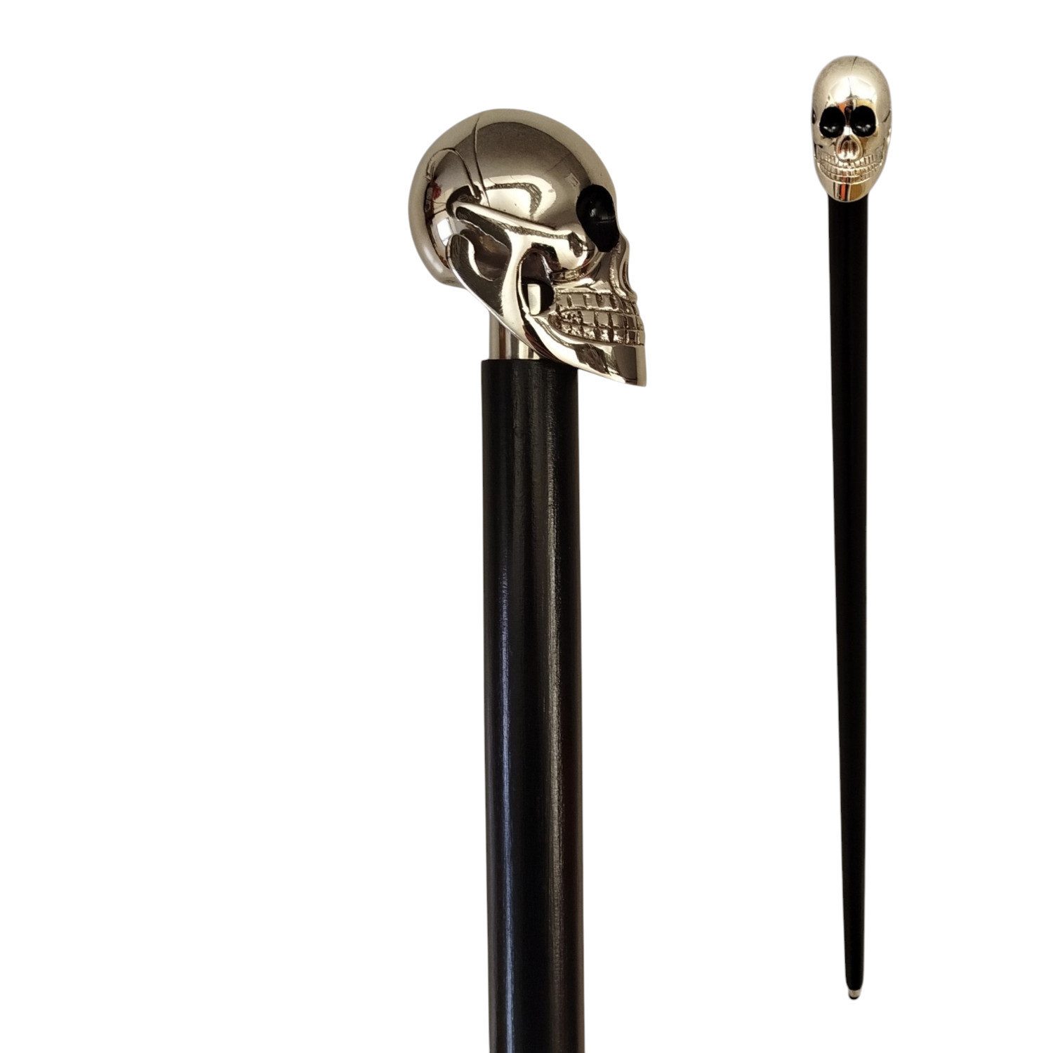 FTWdesign Frackstock Totenkopf Spazierstock aus Holz mit silbernem Griff aus Metall