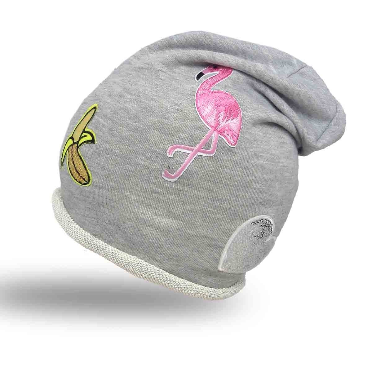 Sonia Originelli Beanie Beanie Mütze Kind Patch Aufnäher Banane Flamingo Herz trend Baumwolle Onesize, Patchapplikationen hellgrau