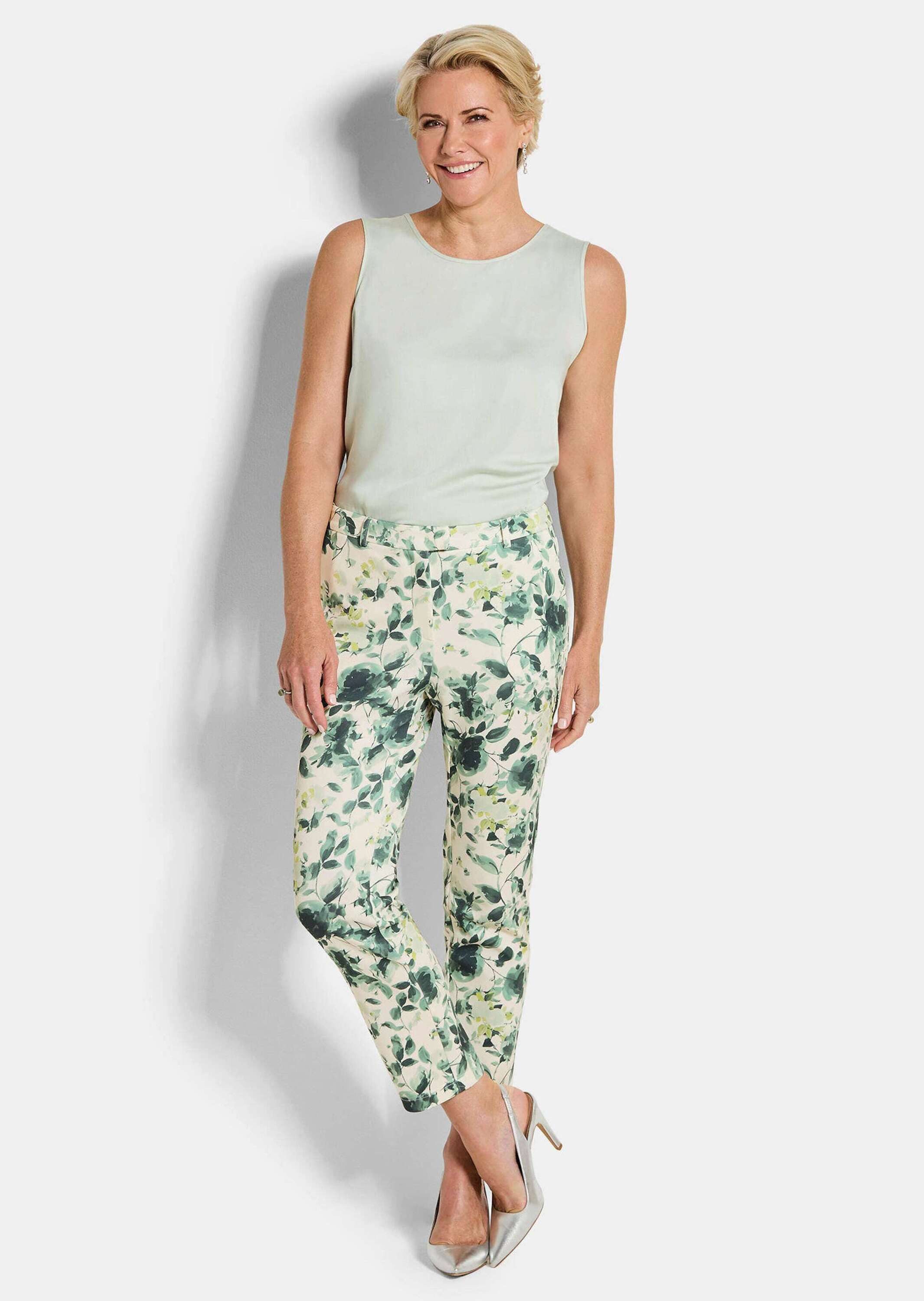 GOLDNER Stoffhose Jerseyhose mit floralem Design Druckhose mit Formbund, Reißverschluss, Taschen und Knöchellänge